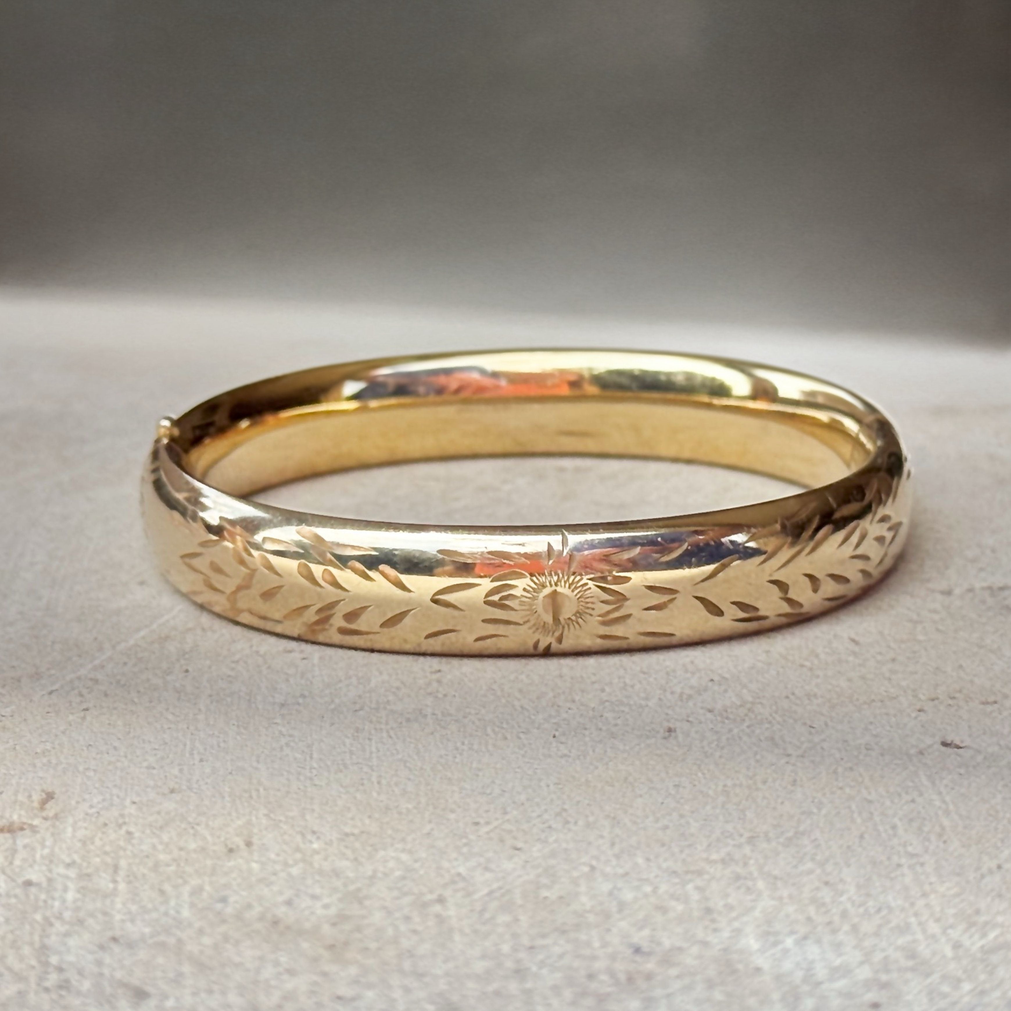 Vivian Grace Vintage Gold Vintage Mid Century 12k Gold-Filled Floral Etched Bangle Bracelet