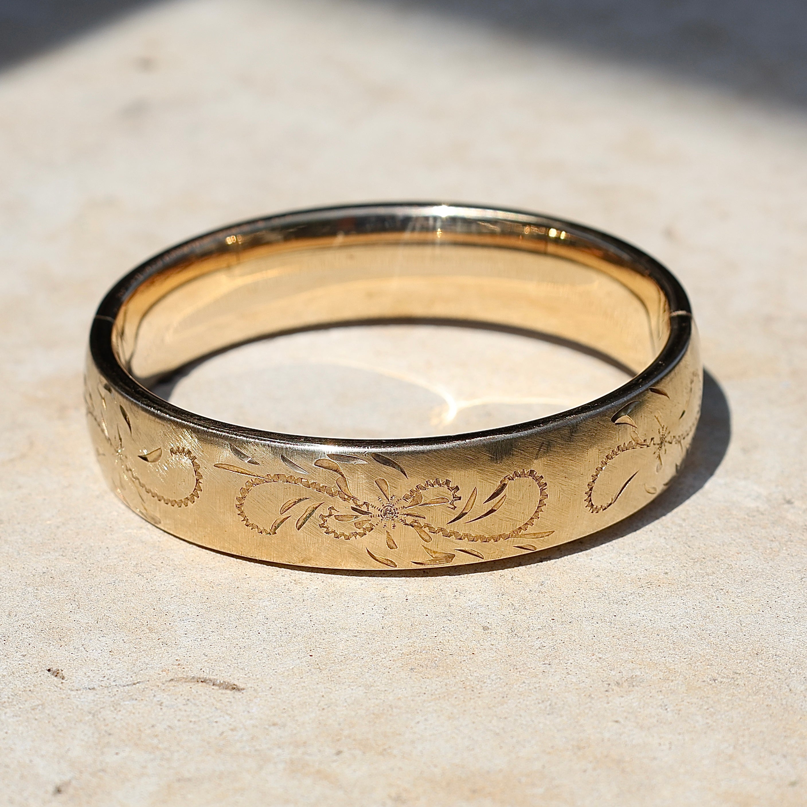 Vivian Grace Vintage Gold Vintage Mid-Century 12k Gold-Filled Floral Etched Bangle Bracelet