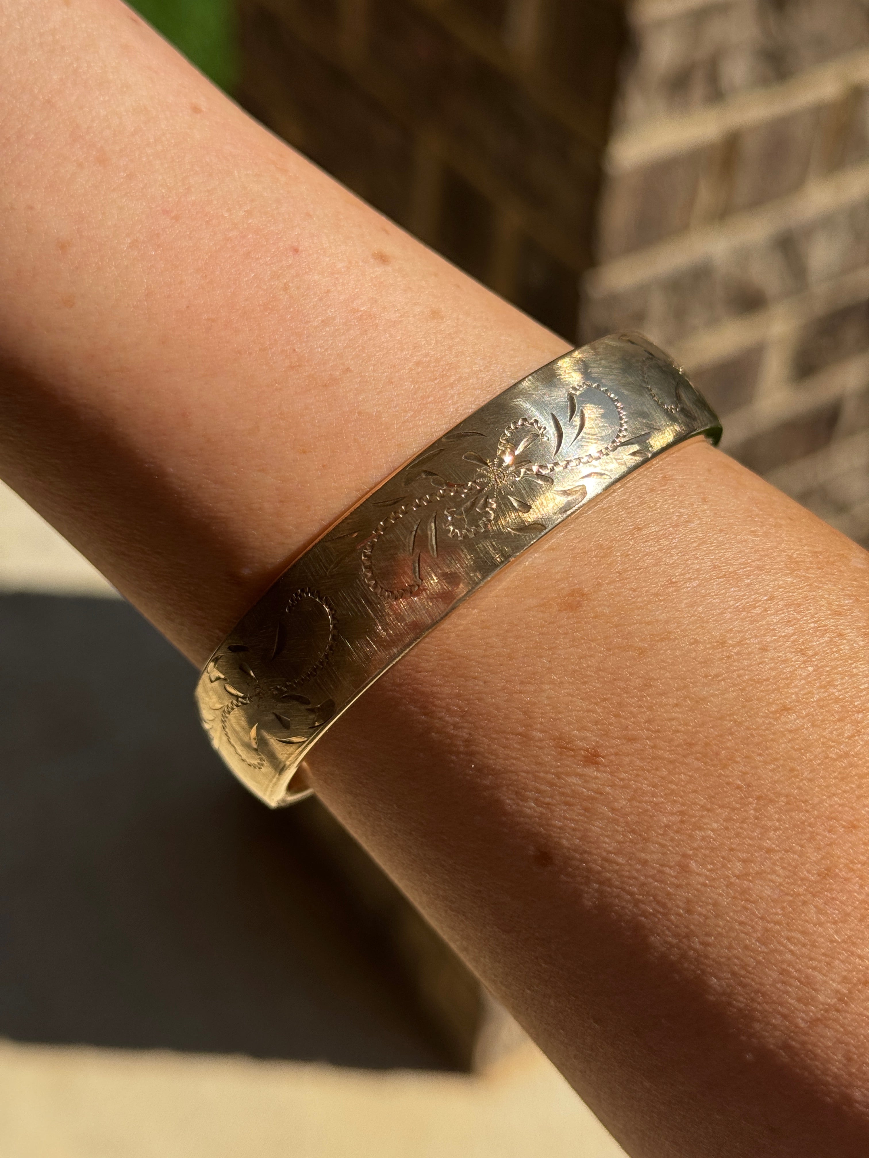 Vivian Grace Vintage Gold Vintage Mid-Century 12k Gold-Filled Floral Etched Bangle Bracelet