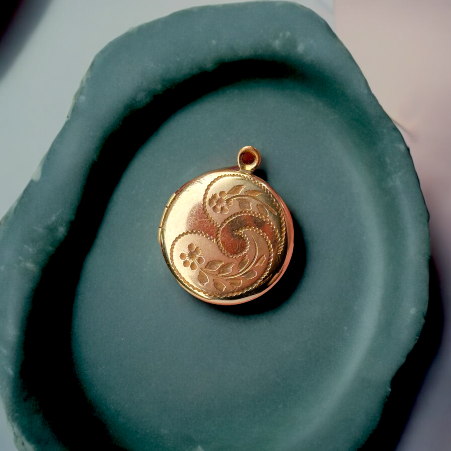 Vivian Grace Vintage Pendant Gold Vintage Floral Engraved Locket- 12k Gold Filled