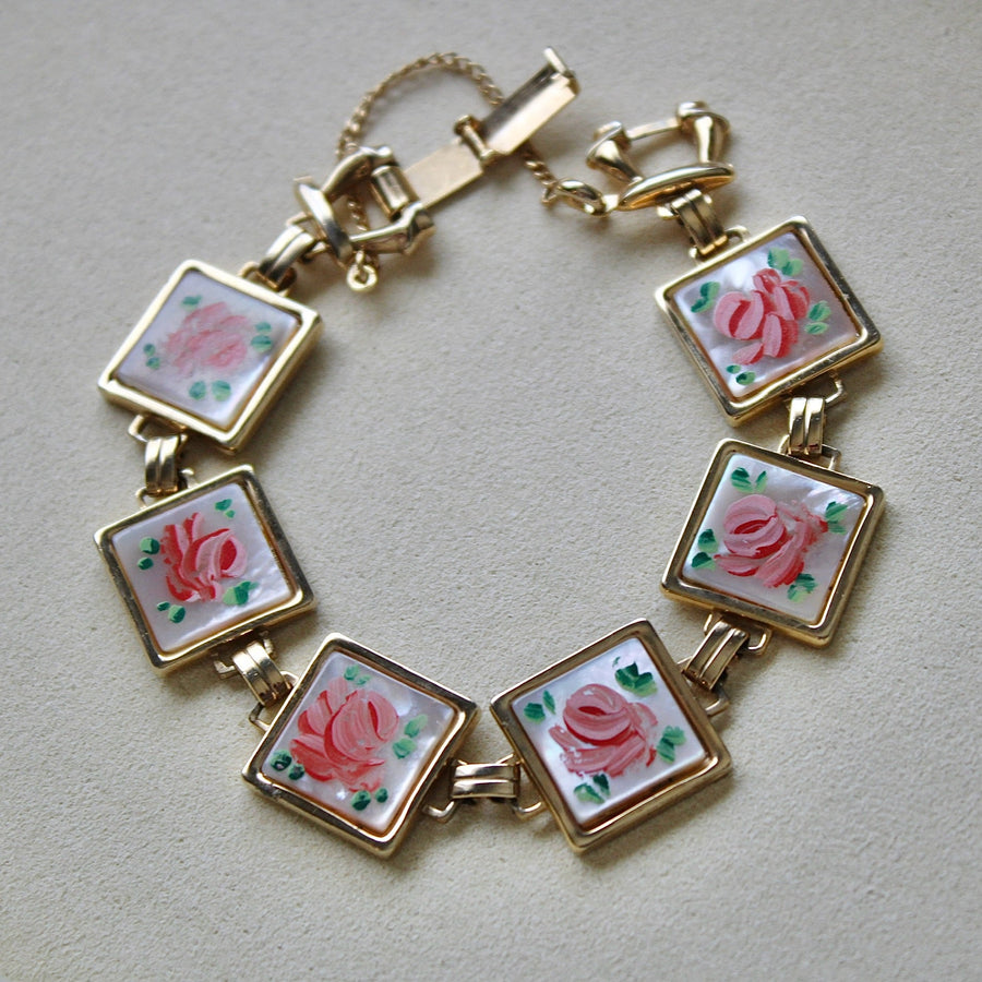 Vivian Grace Vintage Pink Rose Guilloche Mother of Pearl Panel Bracelet