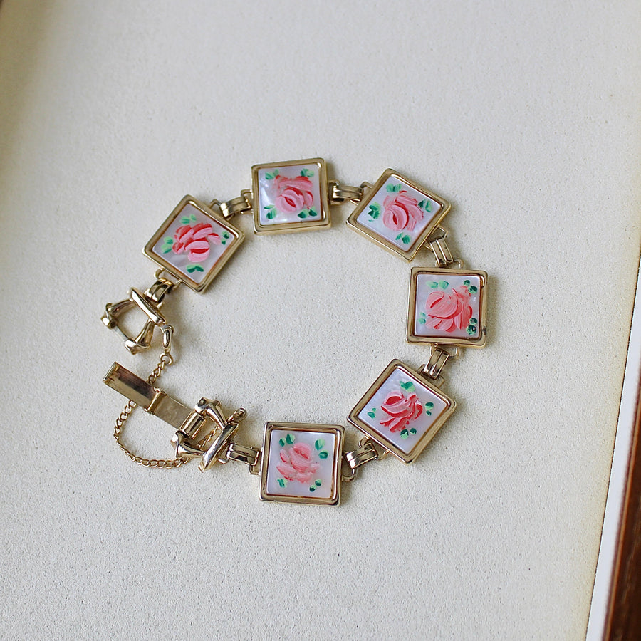 Vivian Grace Vintage Pink Rose Guilloche Mother of Pearl Panel Bracelet