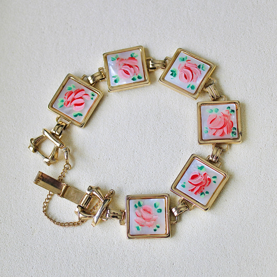 Vivian Grace Vintage Pink Rose Guilloche Mother of Pearl Panel Bracelet