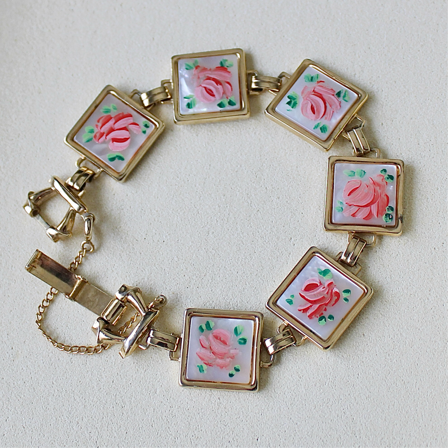 Vivian Grace Vintage Pink Rose Guilloche Mother of Pearl Panel Bracelet