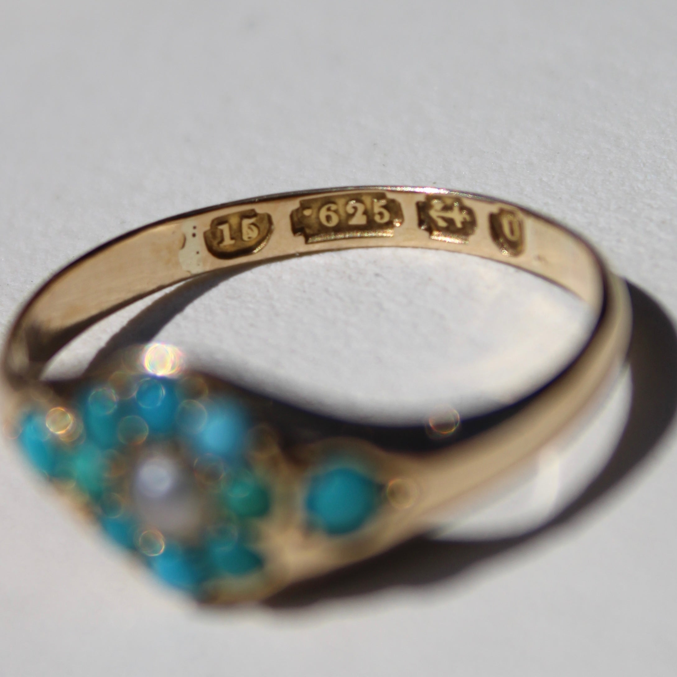 Vivian Grace Vintage Ring Antique 15k Gold Turquoise Pearl Cluster Ring- (dated 1869)