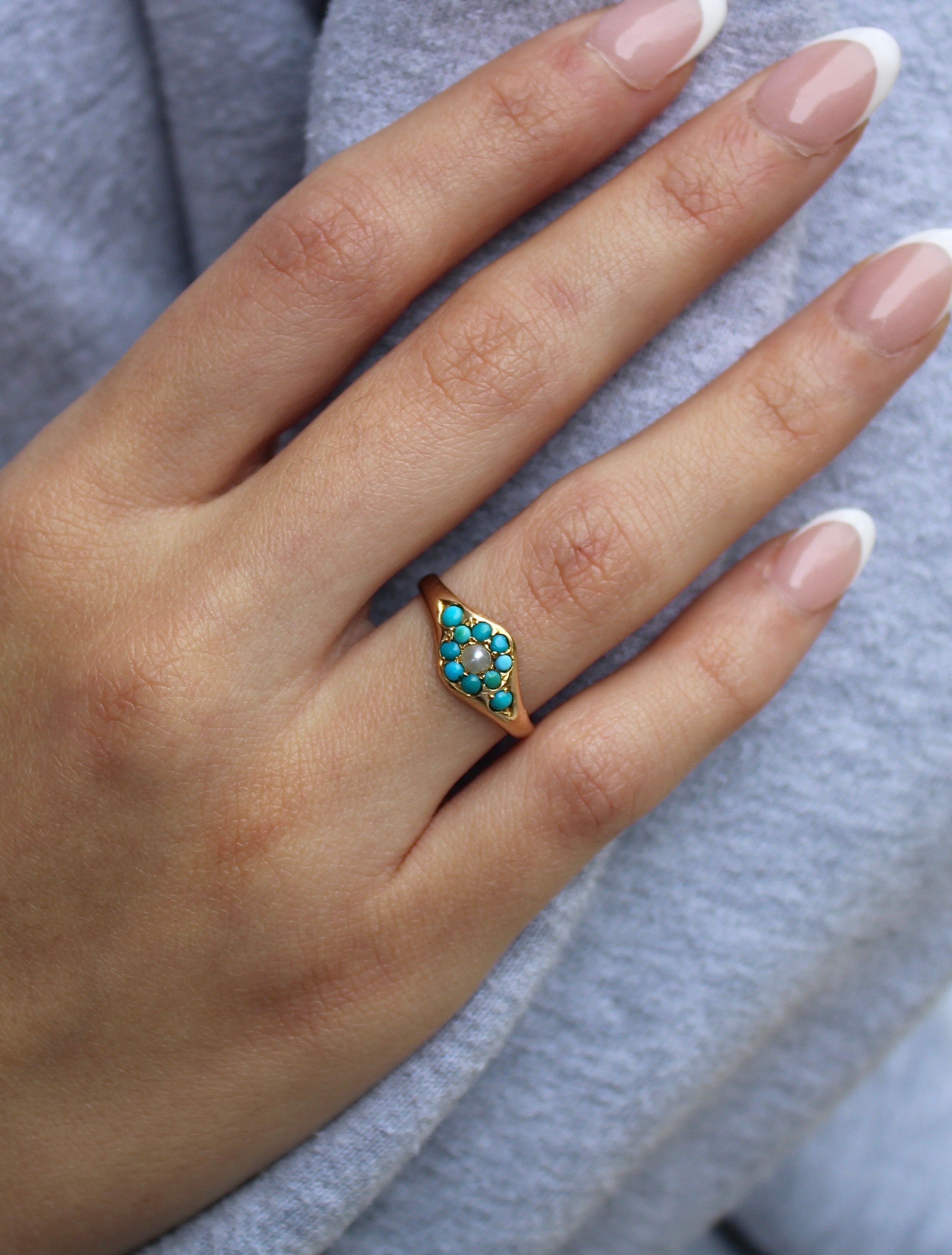Vivian Grace Vintage Ring Antique 15k Gold Turquoise Pearl Cluster Ring- (dated 1869)