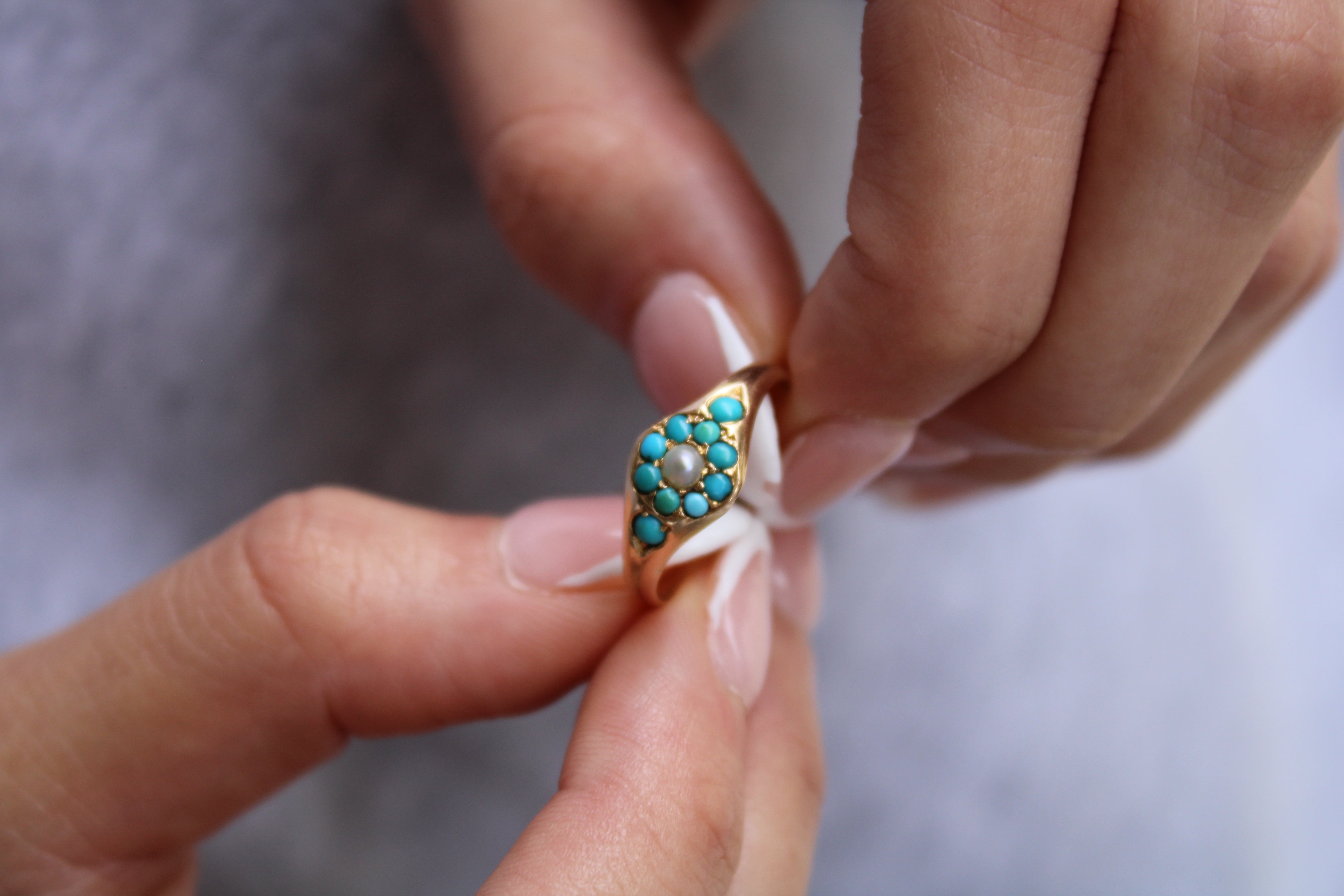 Vivian Grace Vintage Ring Antique 15k Gold Turquoise Pearl Cluster Ring- (dated 1869)
