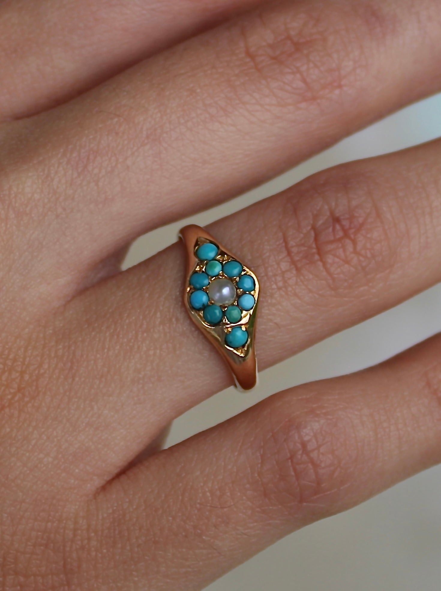 Vivian Grace Vintage Ring Antique 15k Gold Turquoise Pearl Cluster Ring- (dated 1869)