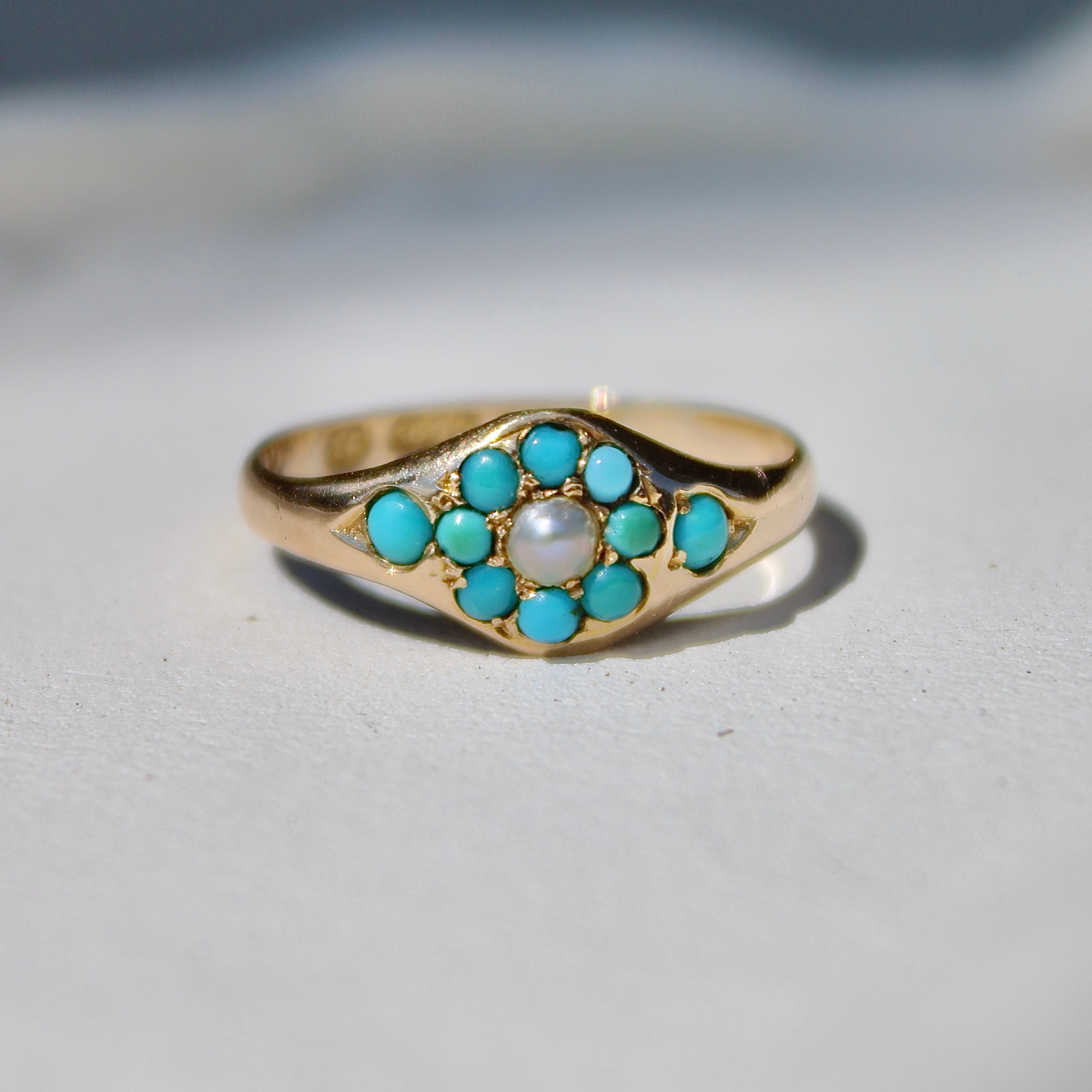 Vivian Grace Vintage Ring Antique 15k Gold Turquoise Pearl Cluster Ring- (dated 1869)