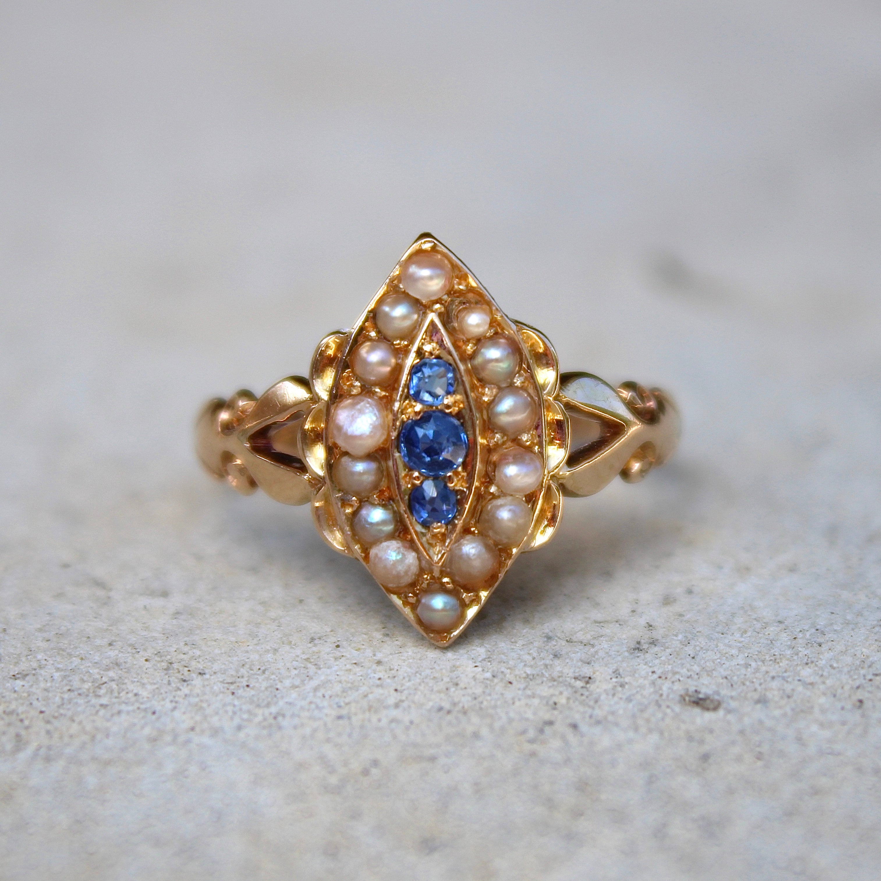 Vivian Grace Vintage Ring Antique 18k Gold Sapphire Pearl Navette Ring- (dated 1903)