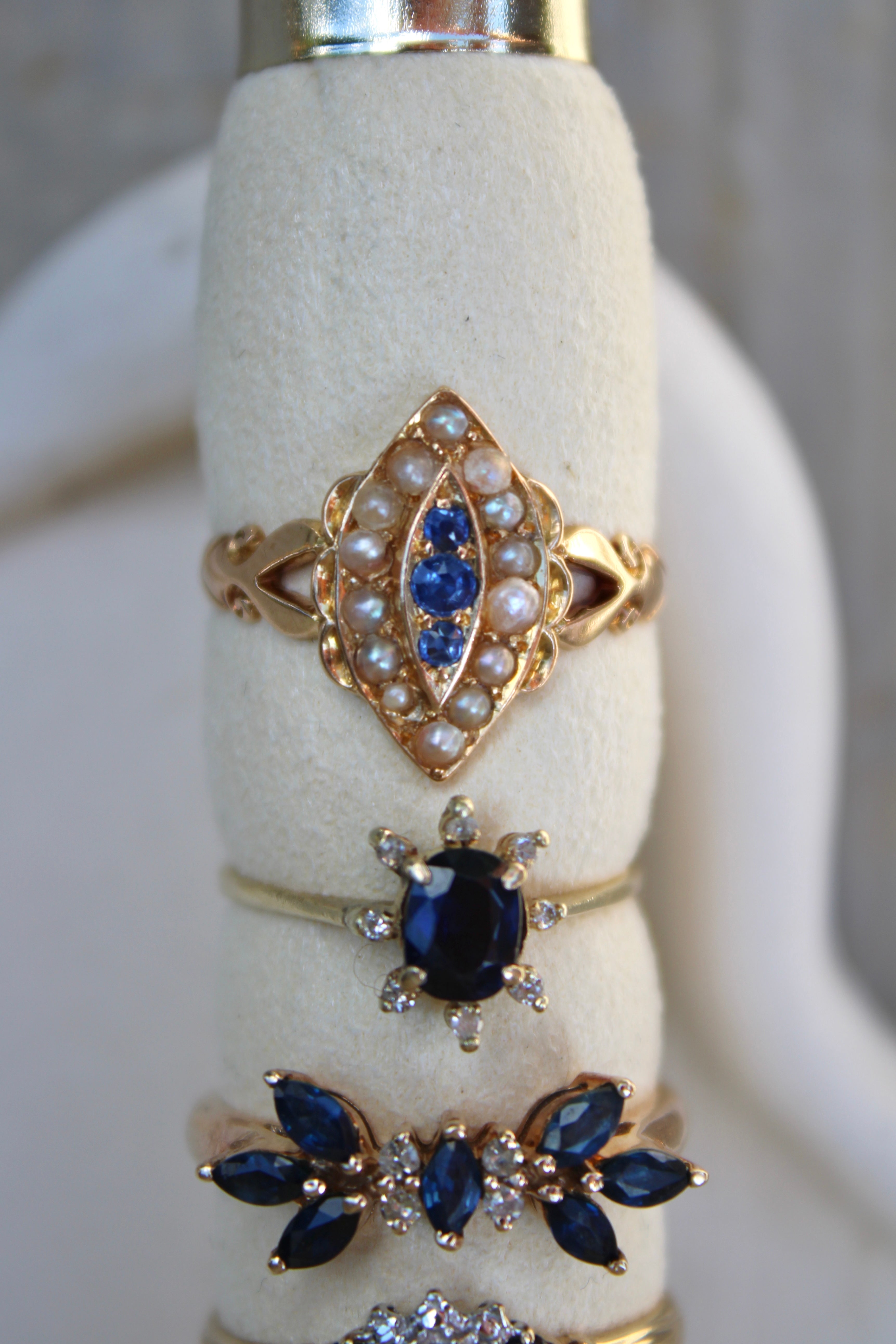 Vivian Grace Vintage Ring Antique 18k Gold Sapphire Pearl Navette Ring- (dated 1903)