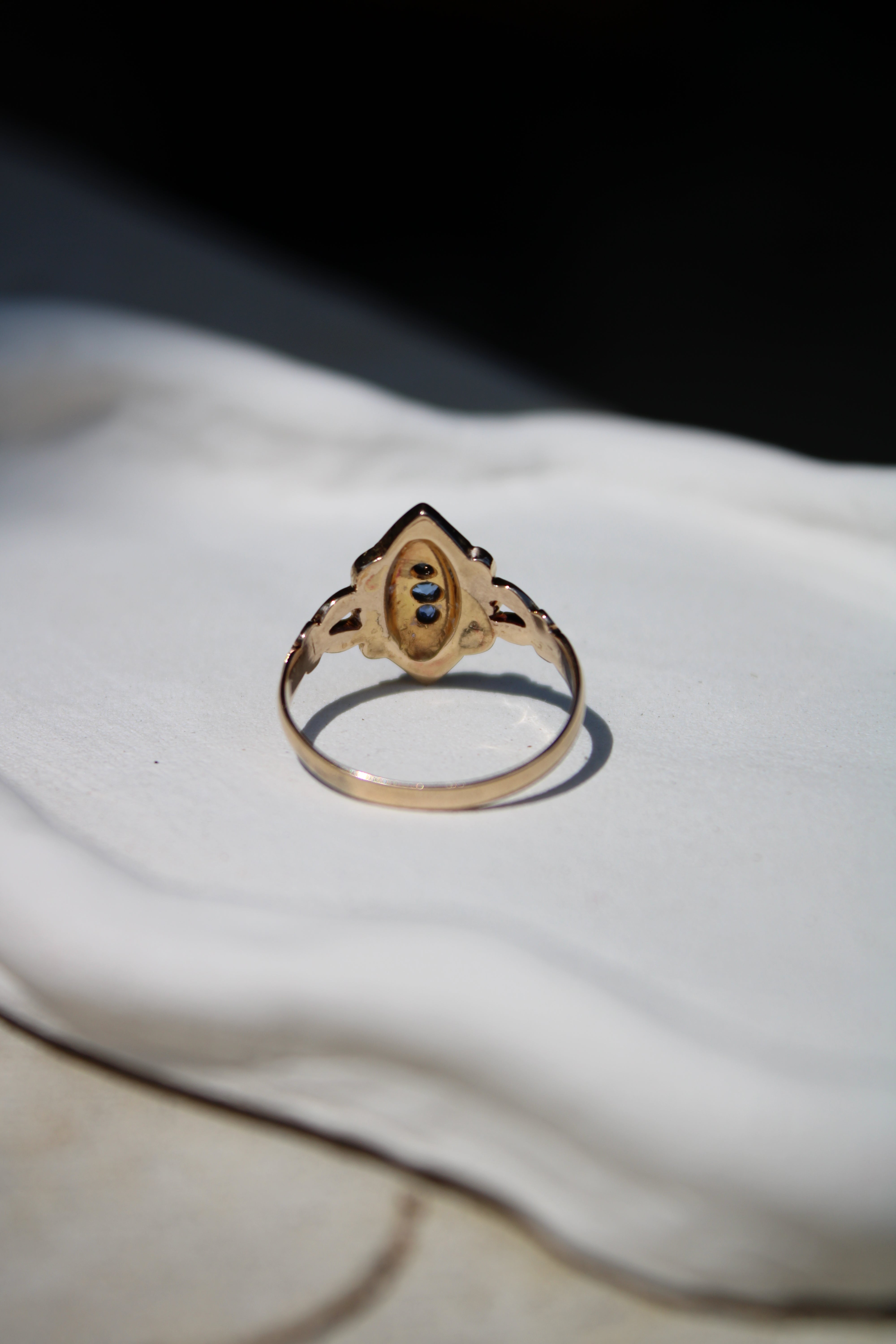 Vivian Grace Vintage Ring Antique 18k Gold Sapphire Pearl Navette Ring- (dated 1903)