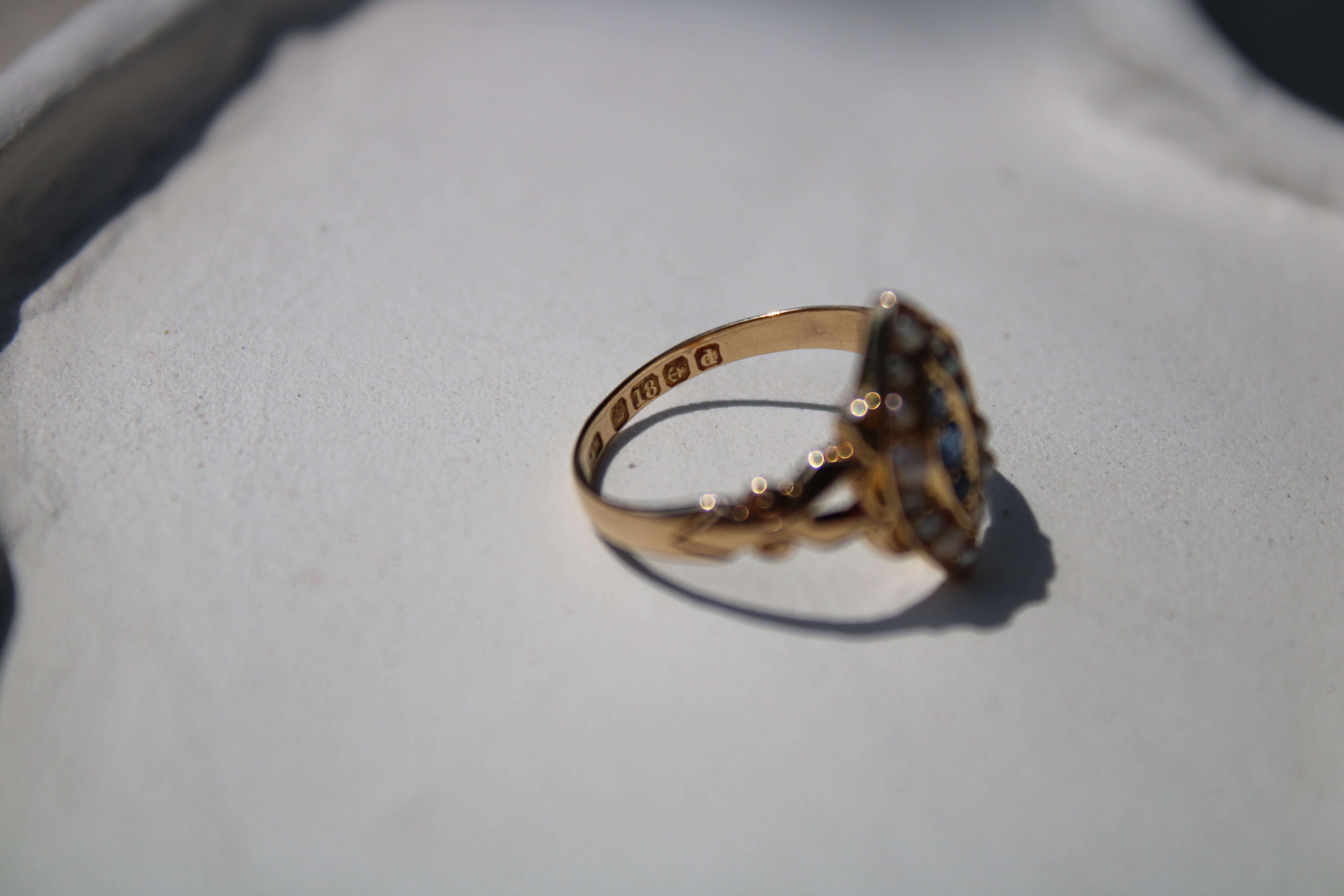 Vivian Grace Vintage Ring Antique 18k Gold Sapphire Pearl Navette Ring- (dated 1903)