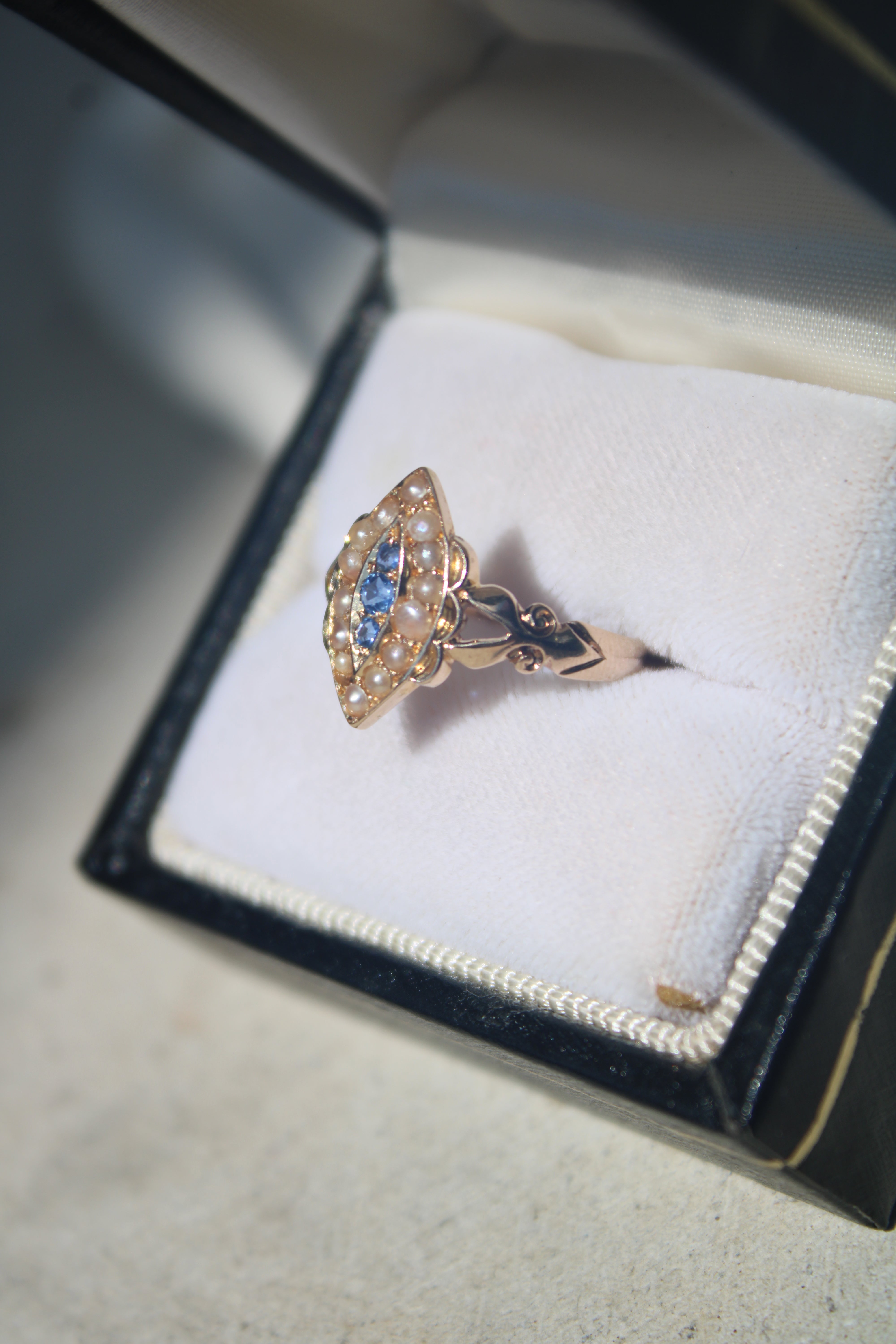 Vivian Grace Vintage Ring Antique 18k Gold Sapphire Pearl Navette Ring- (dated 1903)