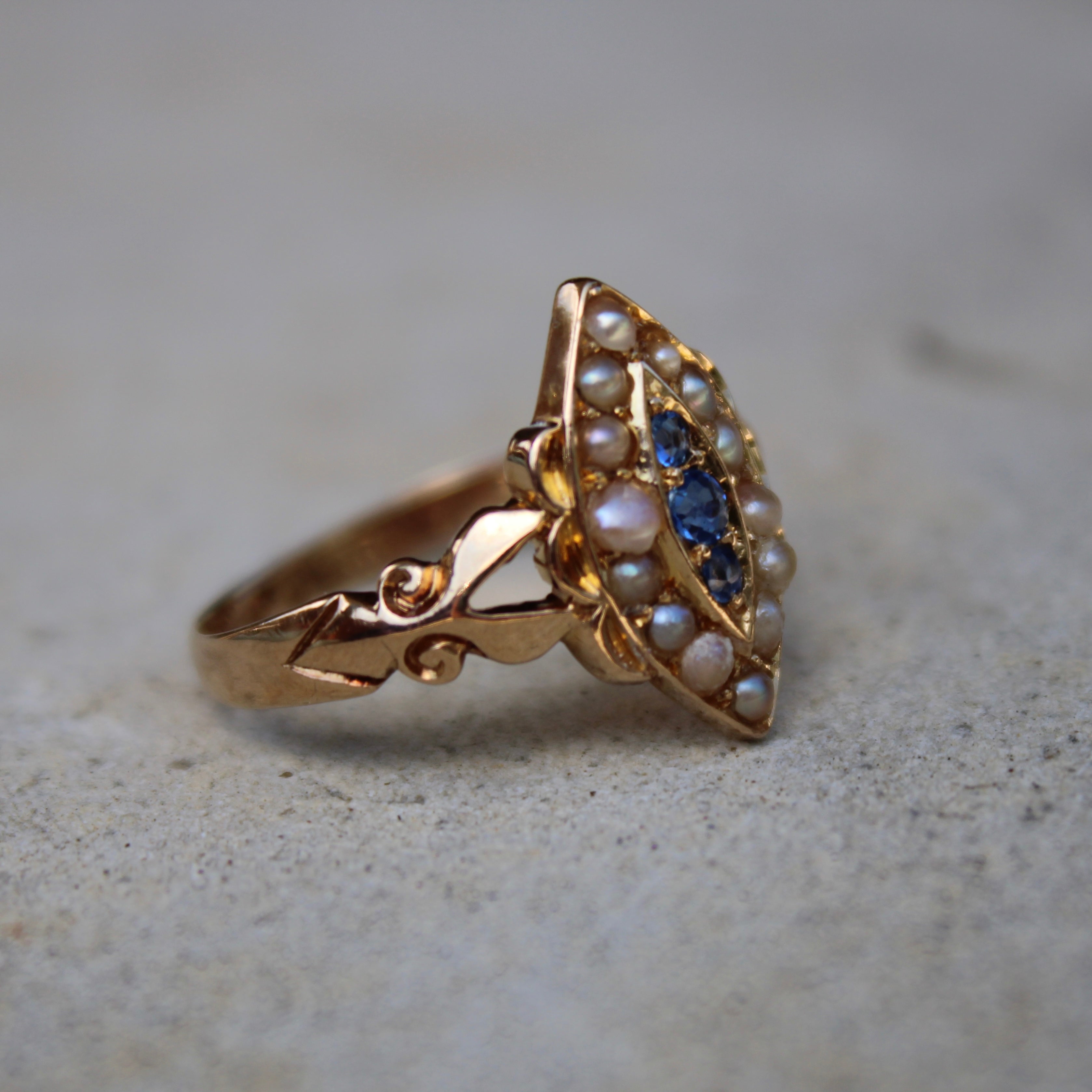 Vivian Grace Vintage Ring Antique 18k Gold Sapphire Pearl Navette Ring- (dated 1903)