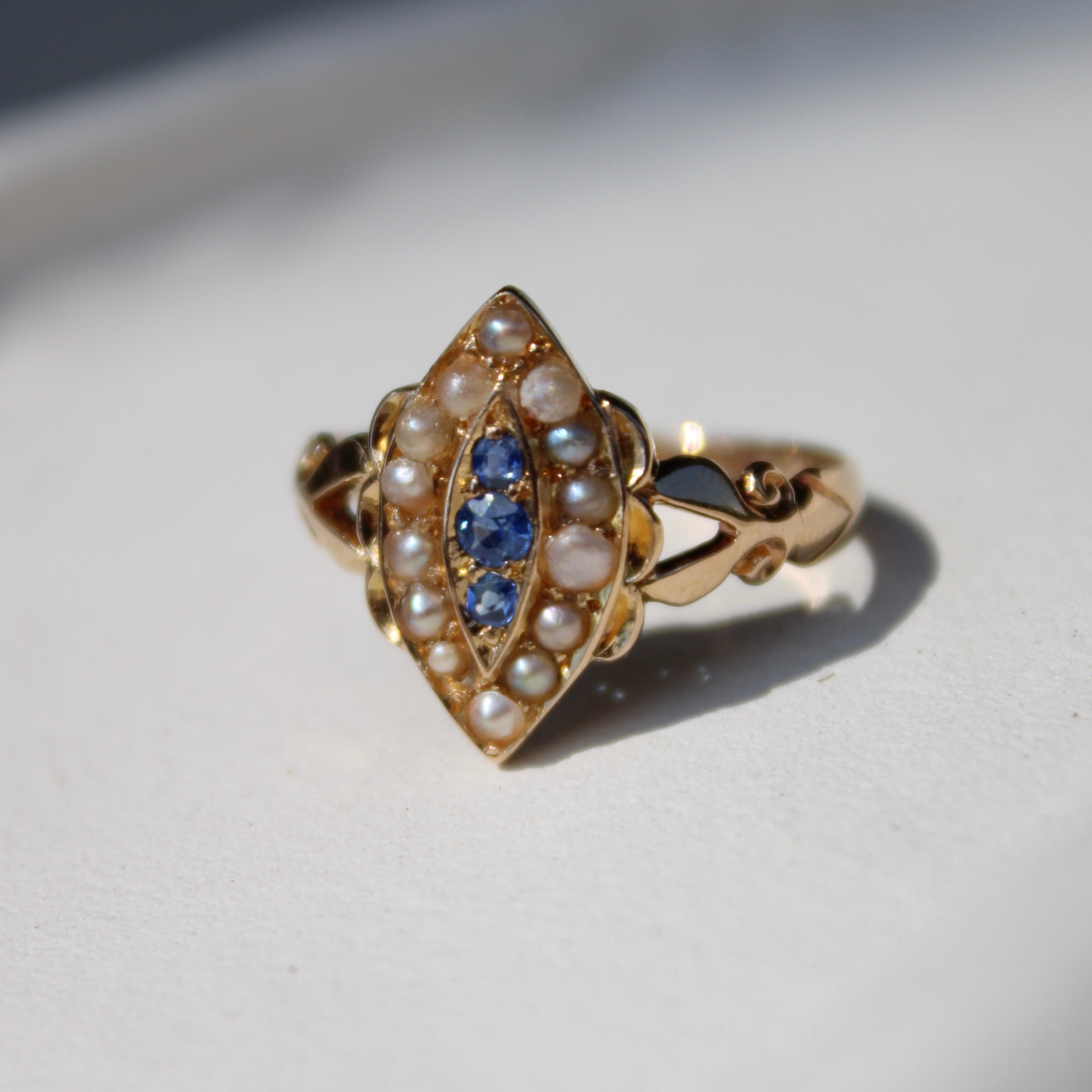 Vivian Grace Vintage Ring Antique 18k Gold Sapphire Pearl Navette Ring- (dated 1903)