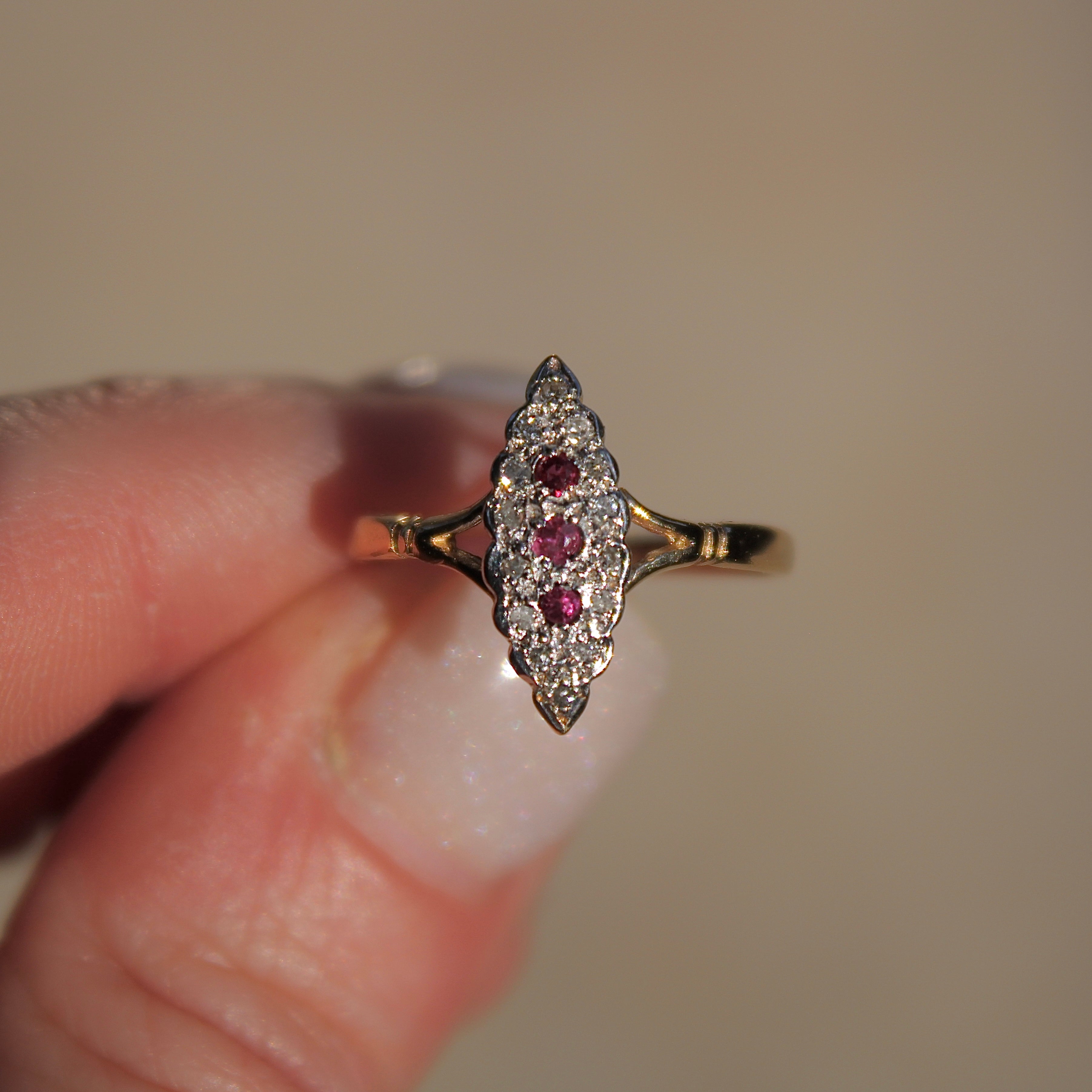 Vivian Grace Vintage Ring Art Deco Ruby and Diamond Navette Ring- 9k Gold- (circa 1930)