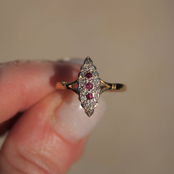 Vivian Grace Vintage Ring Art Deco Ruby and Diamond Navette Ring- 9k Gold- (circa 1930)