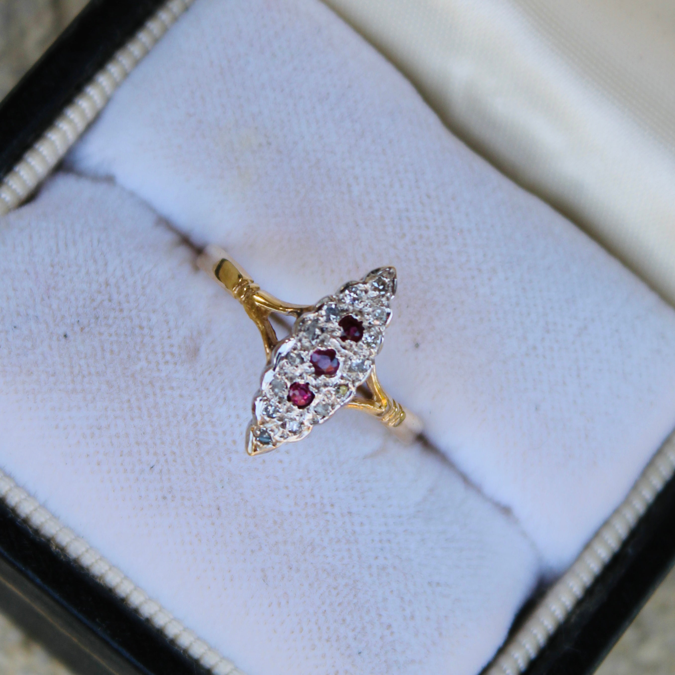 Vivian Grace Vintage Ring Art Deco Ruby and Diamond Navette Ring- 9k Gold- (circa 1930)