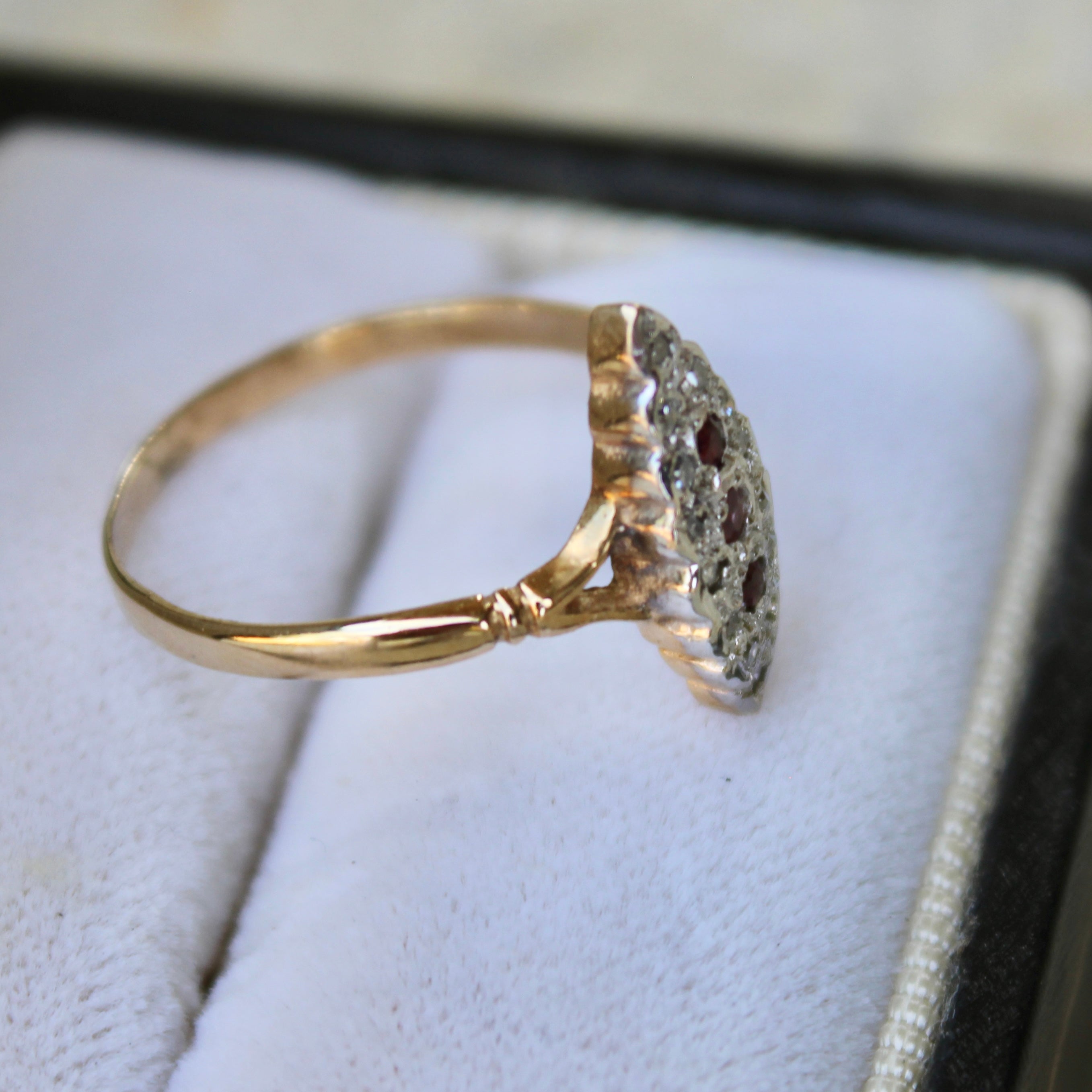 Vivian Grace Vintage Ring Art Deco Ruby and Diamond Navette Ring- 9k Gold- (circa 1930)