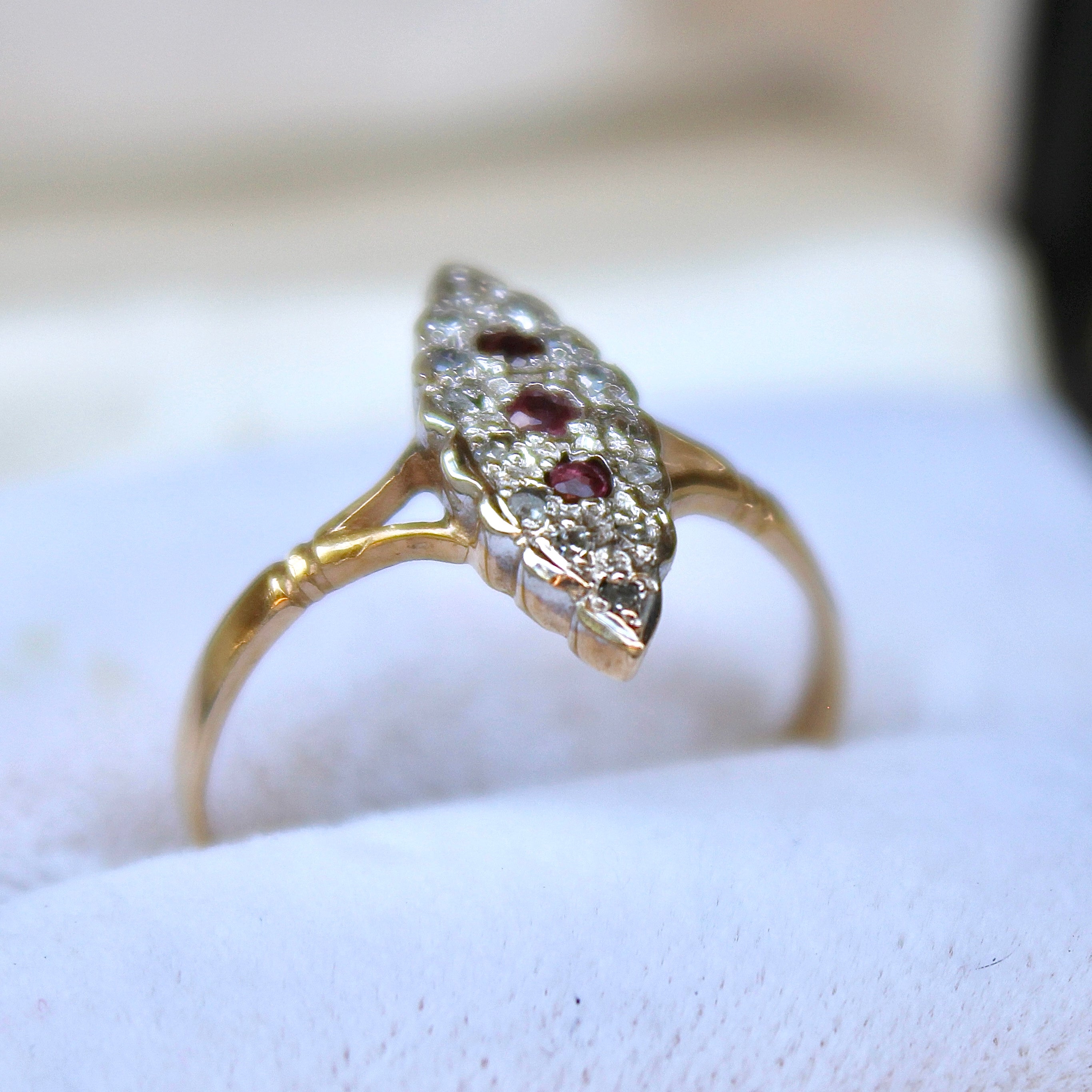 Vivian Grace Vintage Ring Art Deco Ruby and Diamond Navette Ring- 9k Gold- (circa 1930)