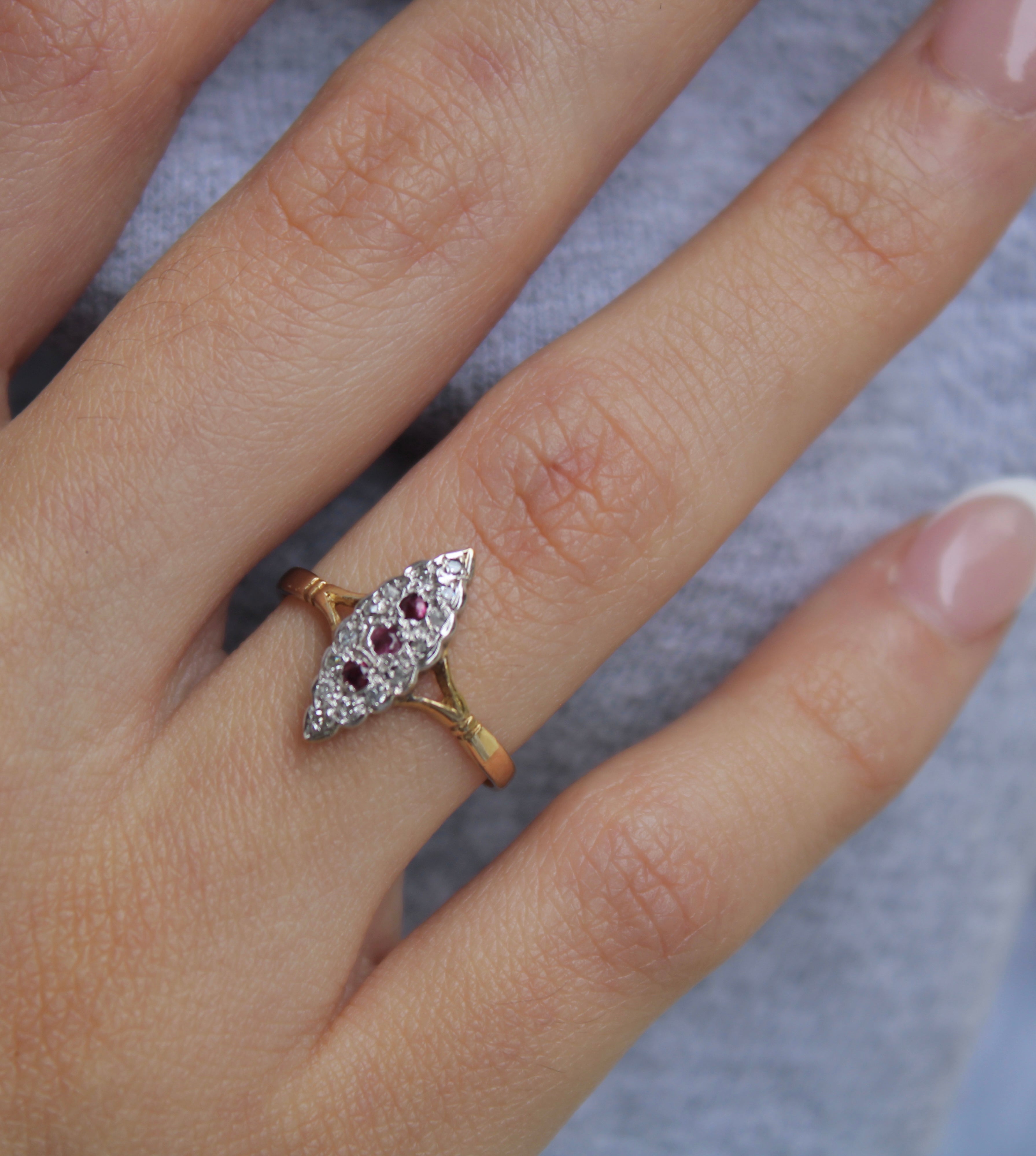 Vivian Grace Vintage Ring Art Deco Ruby and Diamond Navette Ring- 9k Gold- (circa 1930)