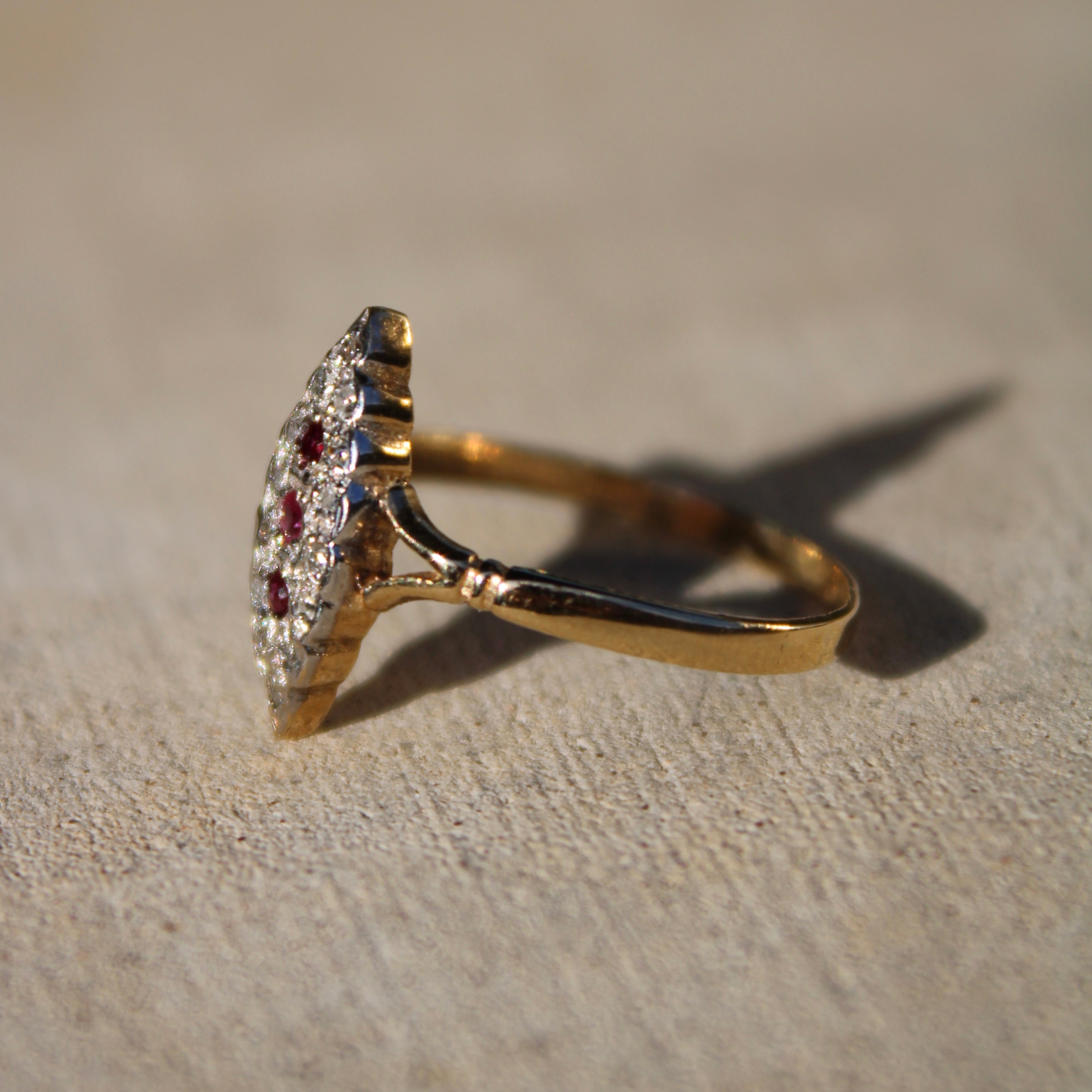 Vivian Grace Vintage Ring Art Deco Ruby and Diamond Navette Ring- 9k Gold- (circa 1930)