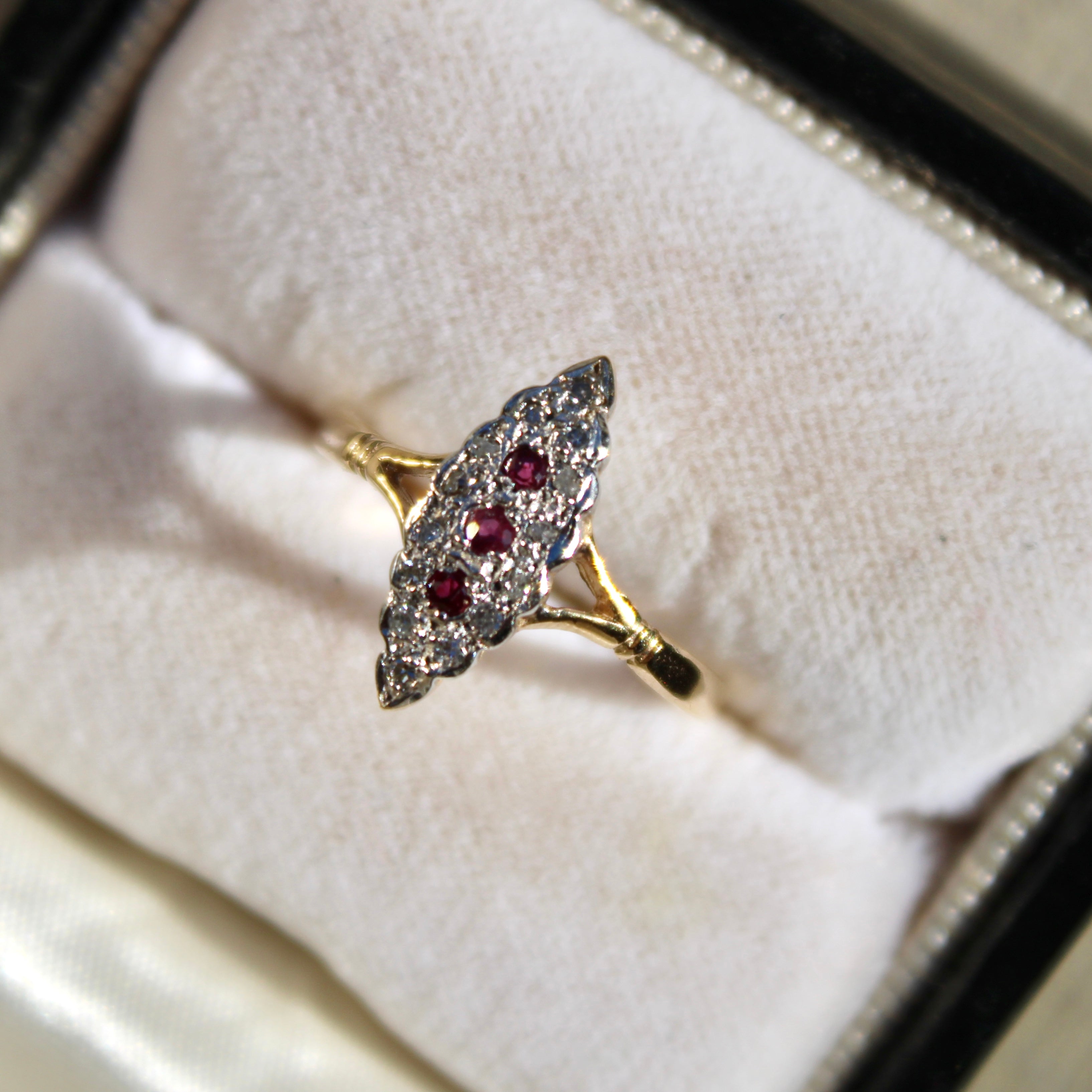 Vivian Grace Vintage Ring Art Deco Ruby and Diamond Navette Ring- 9k Gold- (circa 1930)