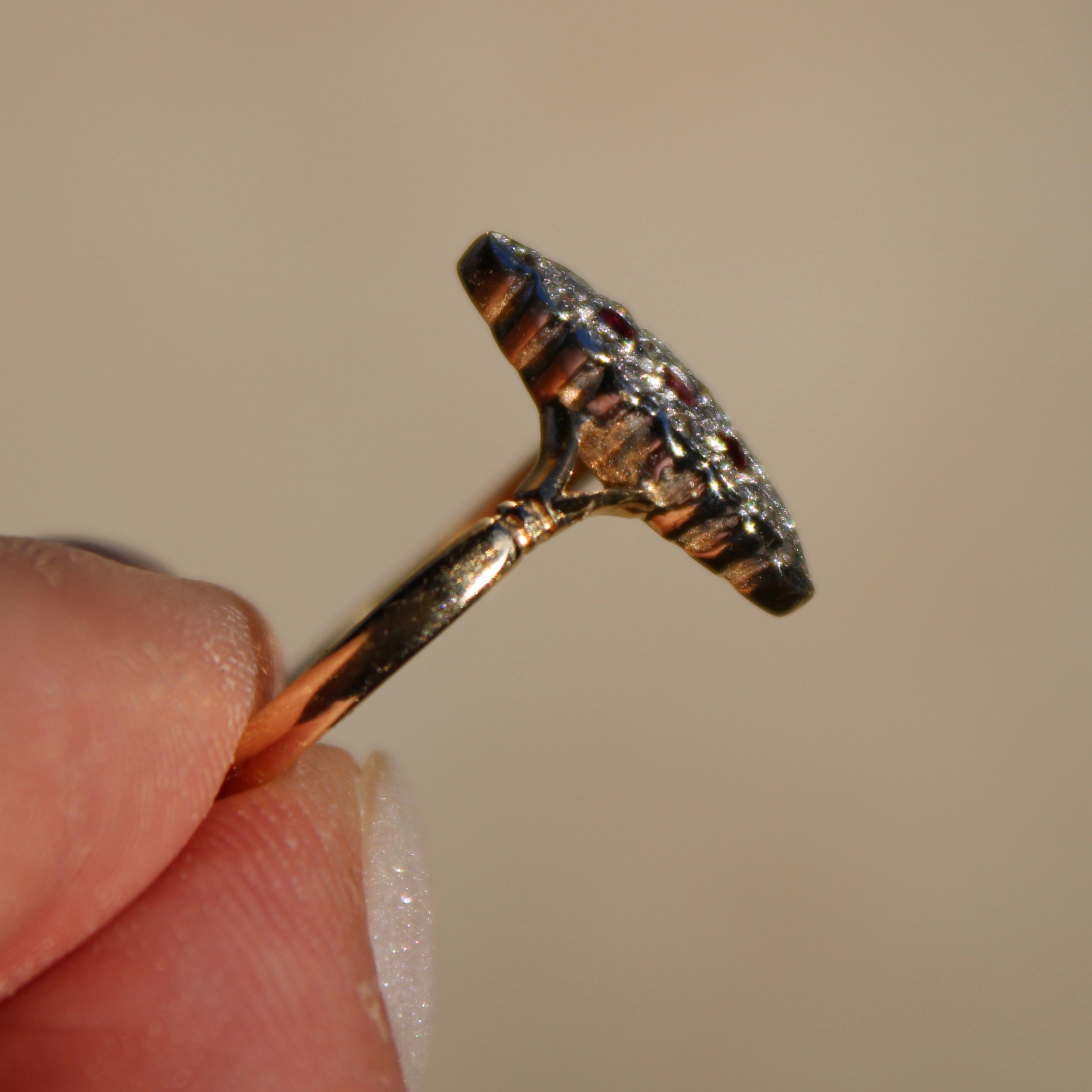 Vivian Grace Vintage Ring Art Deco Ruby and Diamond Navette Ring- 9k Gold- (circa 1930)