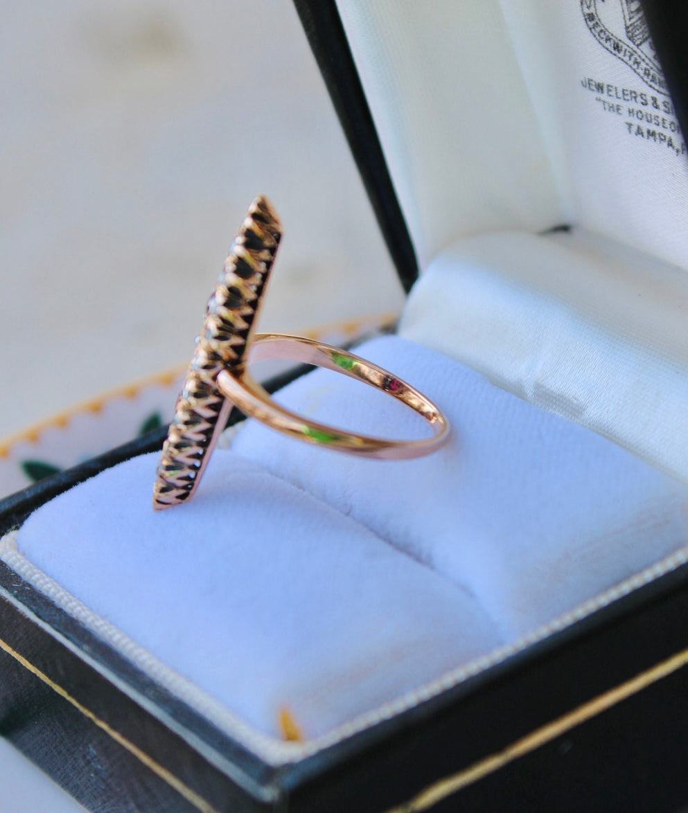 Vivian Grace Vintage Ring Victorian 14k Gold Ruby and Diamond Navette Ring- (mid 1800s)
