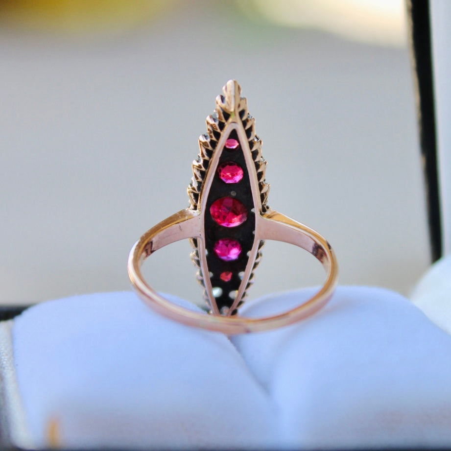 Vivian Grace Vintage Ring Victorian 14k Gold Ruby and Diamond Navette Ring- (mid 1800s)