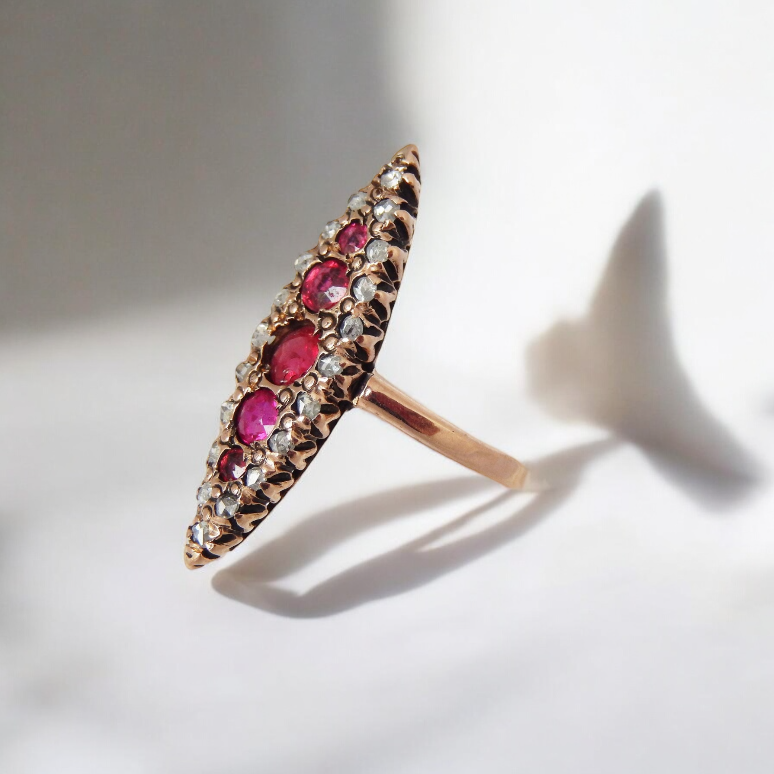 Vivian Grace Vintage Ring Victorian 14k Gold Ruby and Diamond Navette Ring- (mid 1800s)