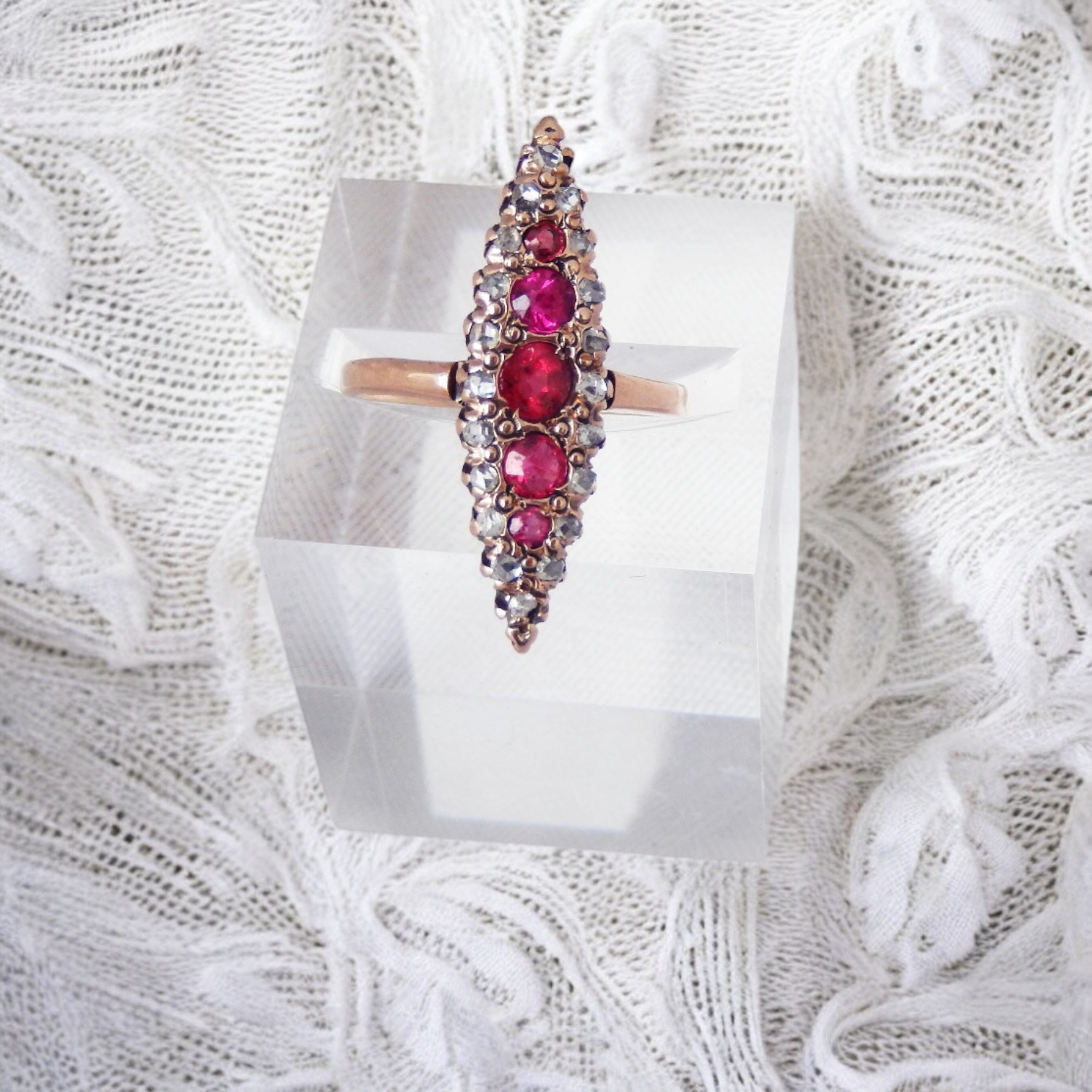 Vivian Grace Vintage Ring Victorian 14k Gold Ruby and Diamond Navette Ring- (mid 1800s)