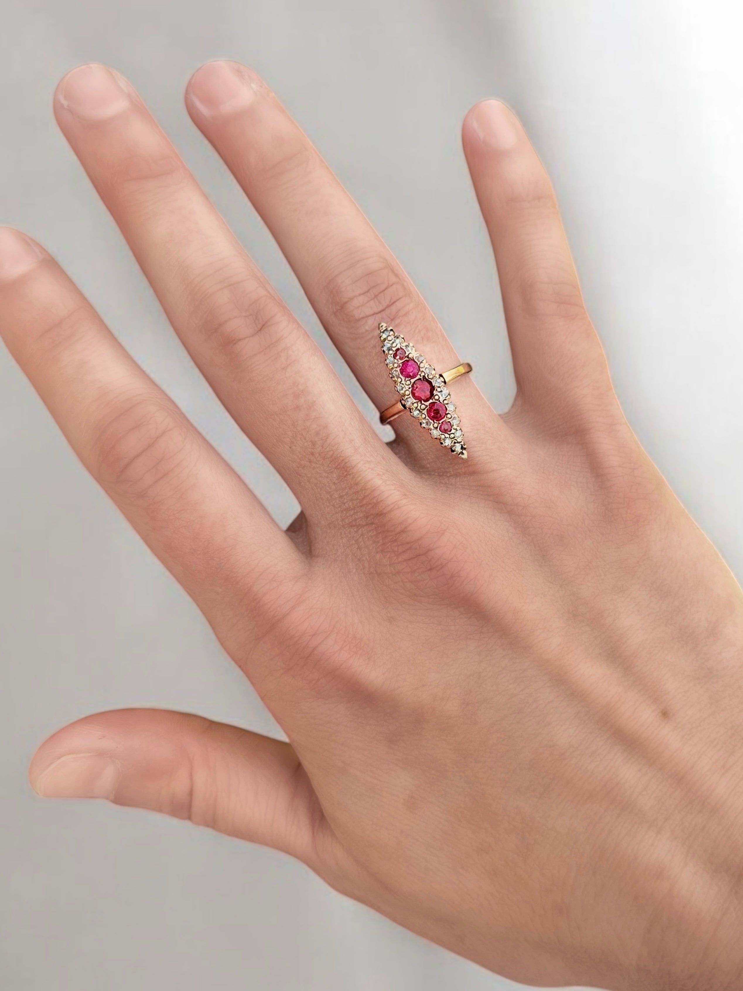 Vivian Grace Vintage Ring Victorian 14k Gold Ruby and Diamond Navette Ring- (mid 1800s)