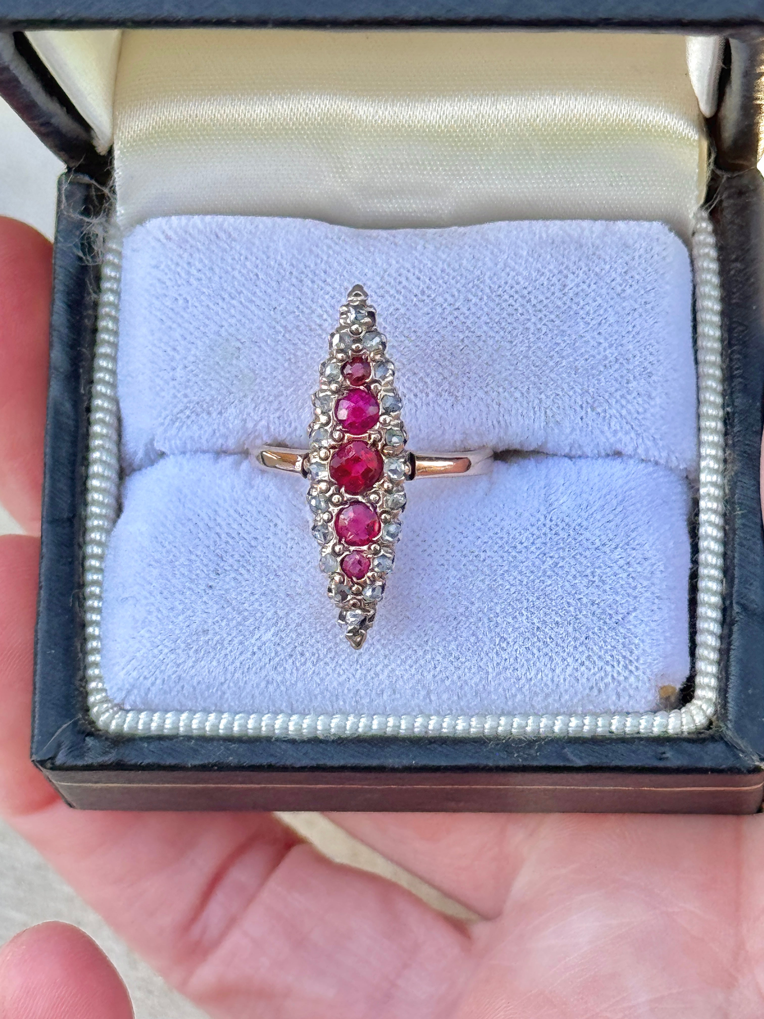 Vivian Grace Vintage Ring Victorian 14k Gold Ruby and Diamond Navette Ring- (mid 1800s)