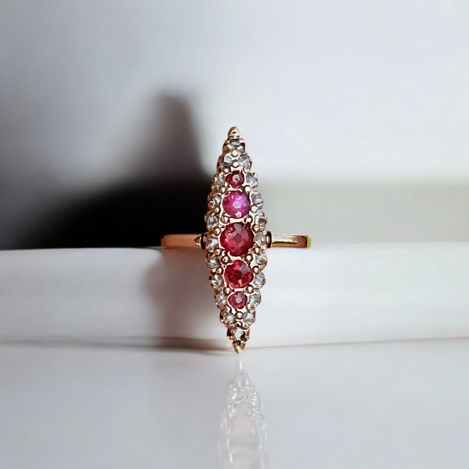 Vivian Grace Vintage Ring Victorian 14k Gold Ruby and Diamond Navette Ring- (mid 1800s)