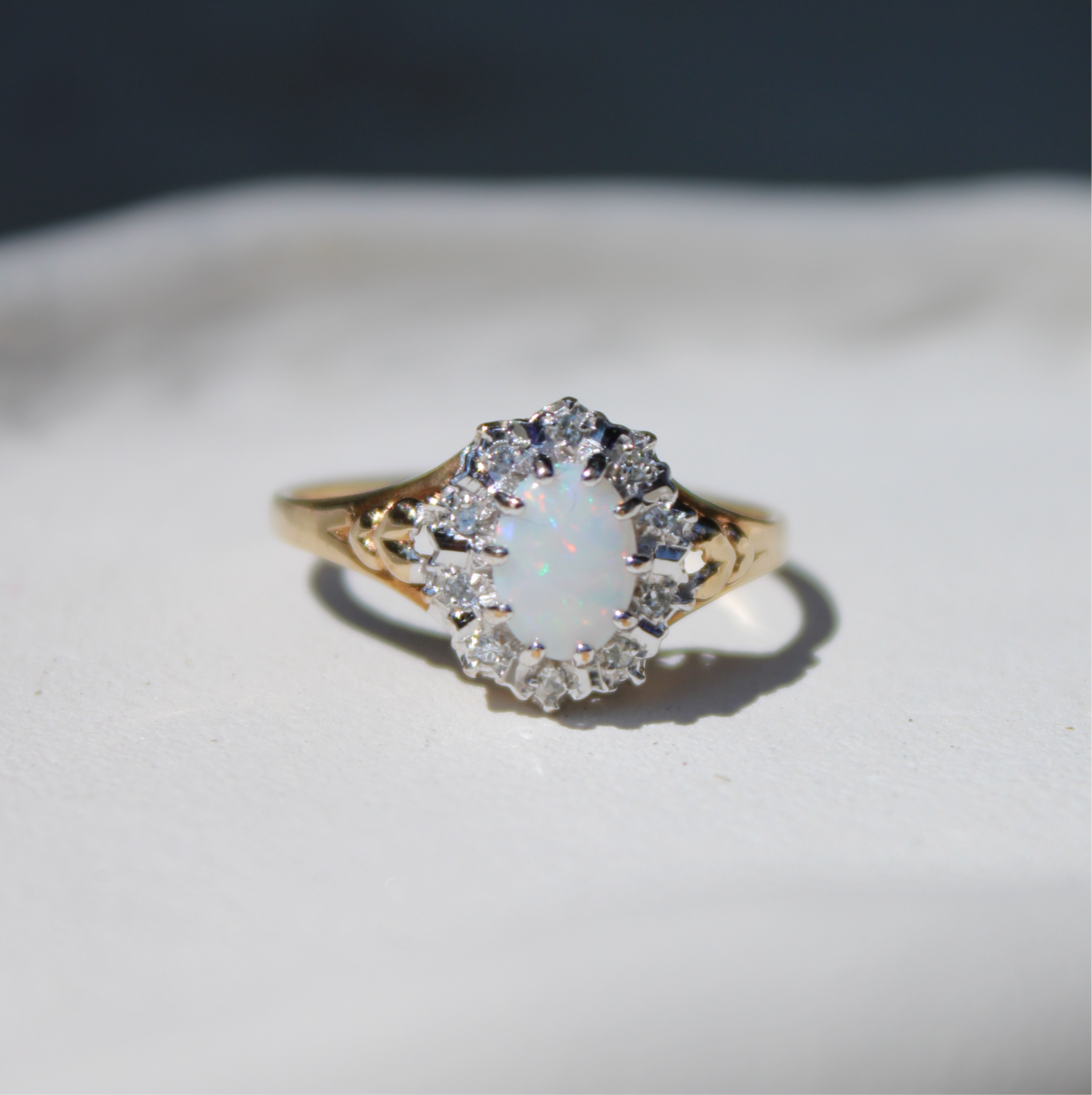 Vivian Grace Vintage Ring Vintage 9k Gold Opal and Diamond Halo Ring- (circa 1980)
