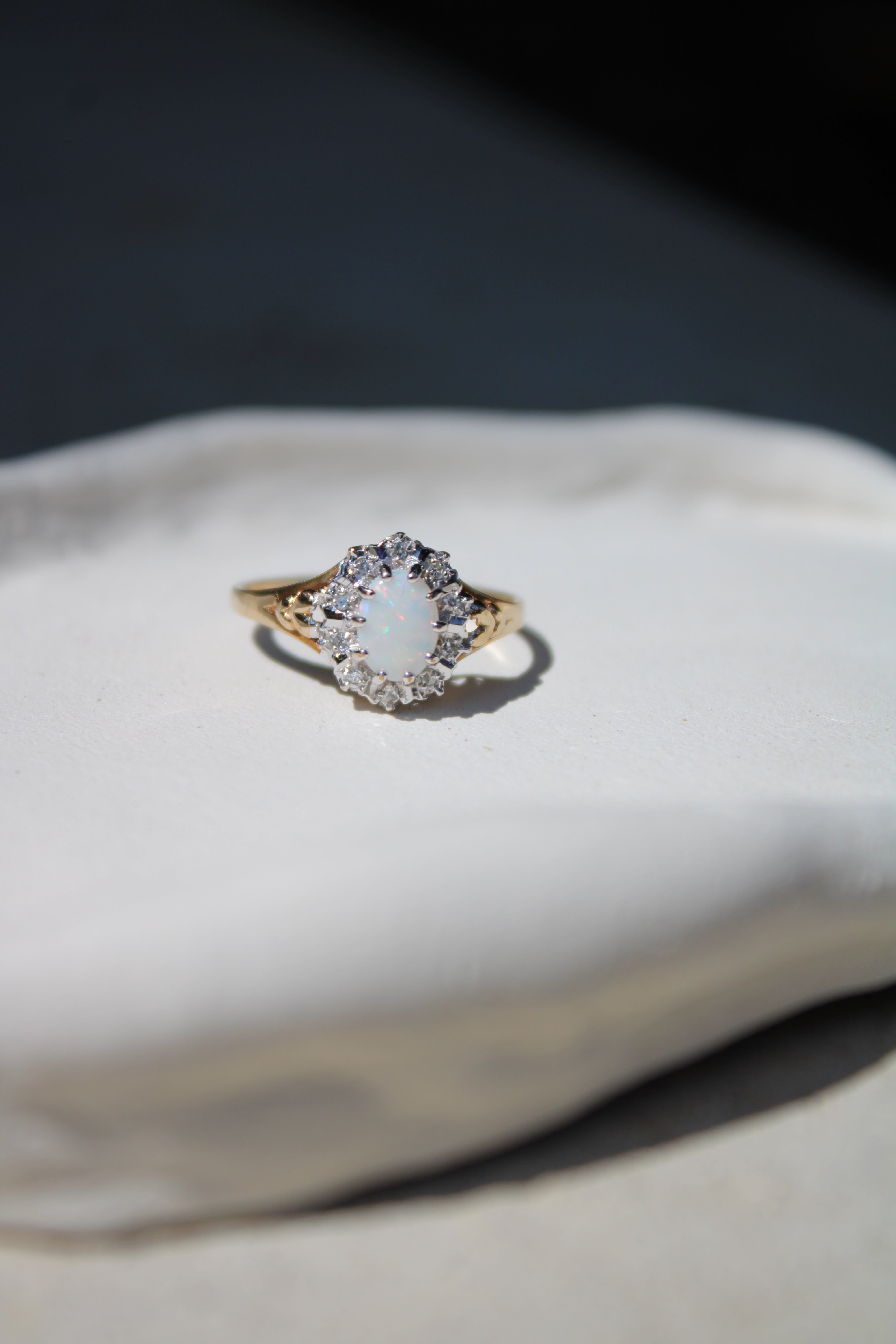Vivian Grace Vintage Ring Vintage 9k Gold Opal and Diamond Halo Ring- (circa 1980)