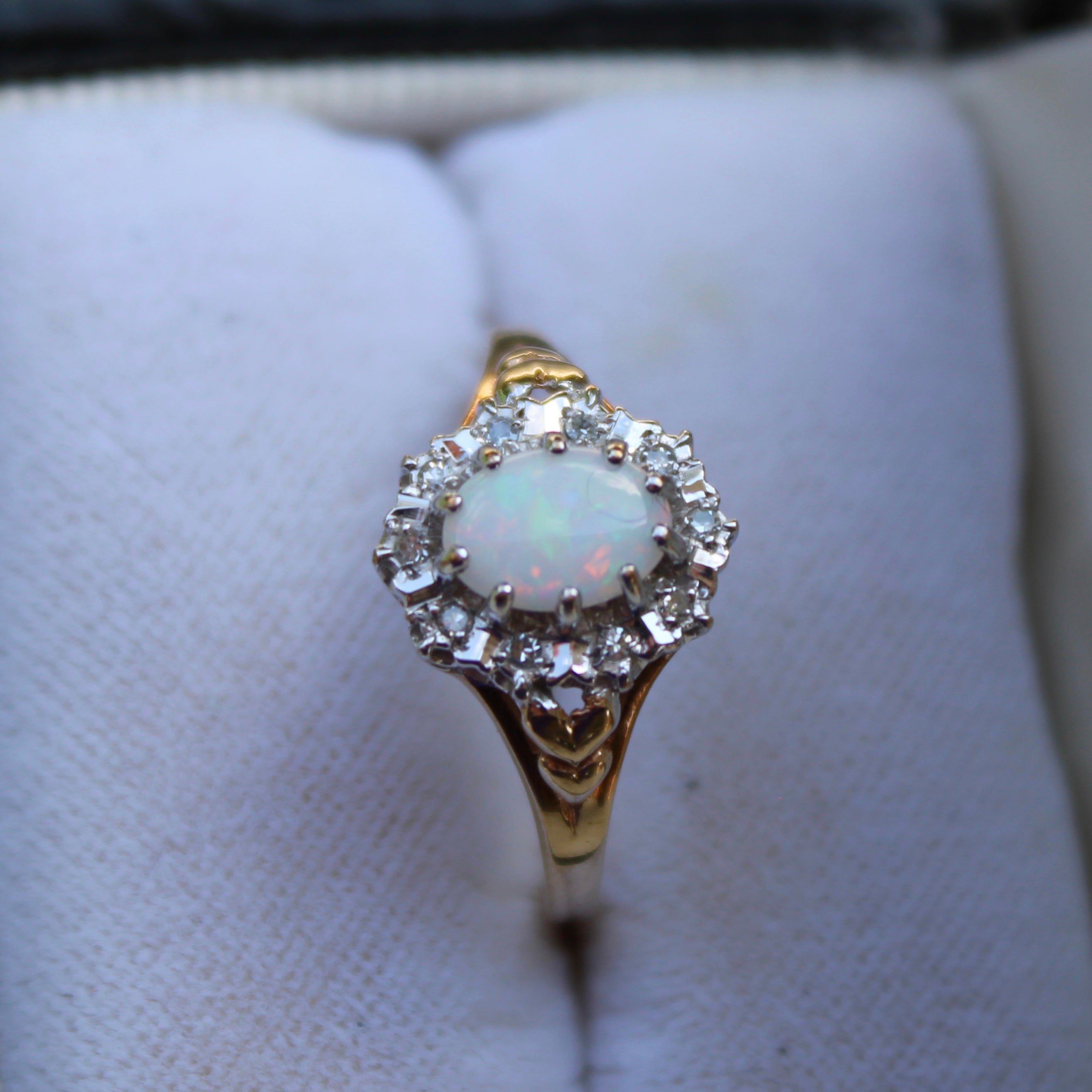 Vivian Grace Vintage Ring Vintage 9k Gold Opal and Diamond Halo Ring- (circa 1980)