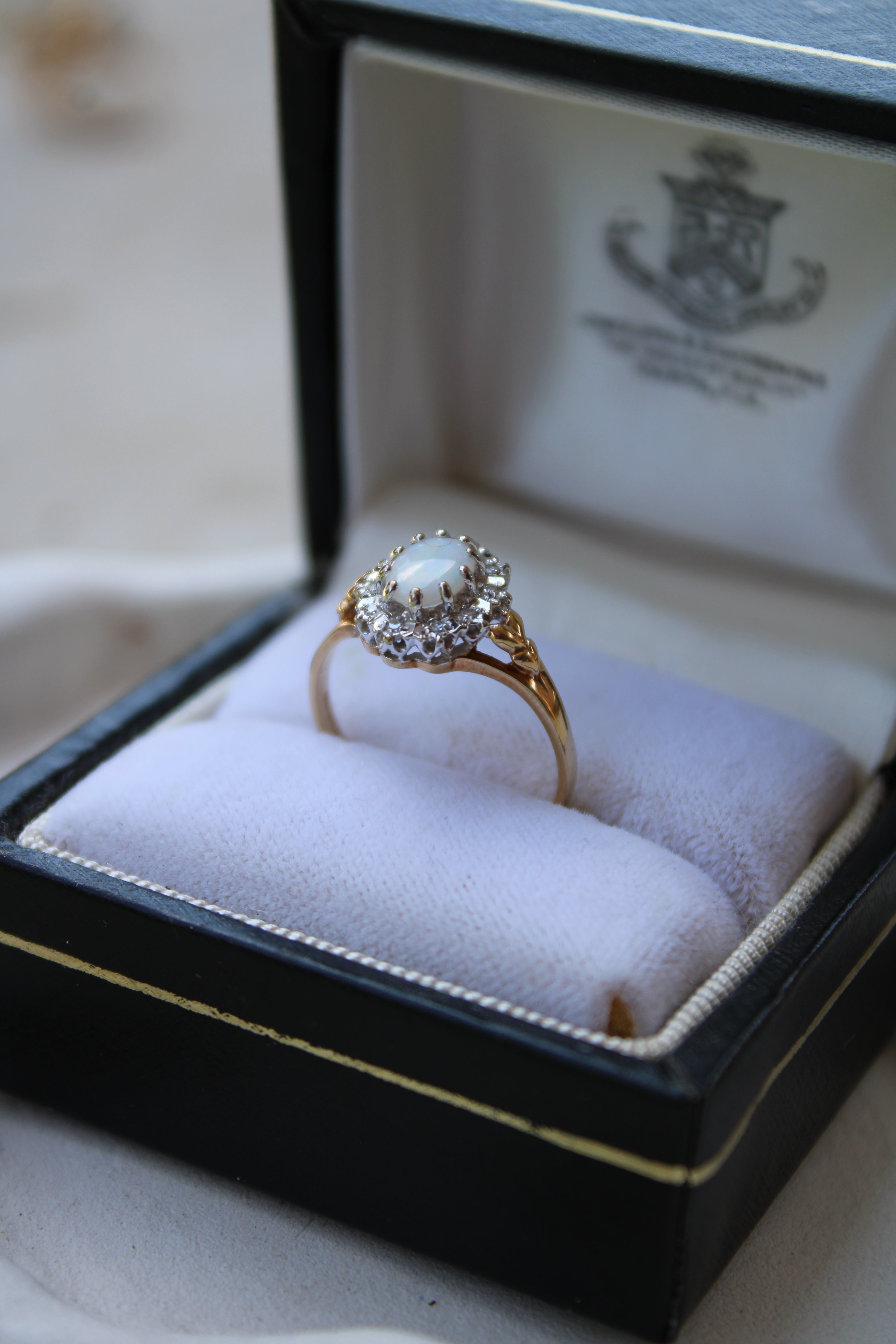 Vivian Grace Vintage Ring Vintage 9k Gold Opal and Diamond Halo Ring- (circa 1980)