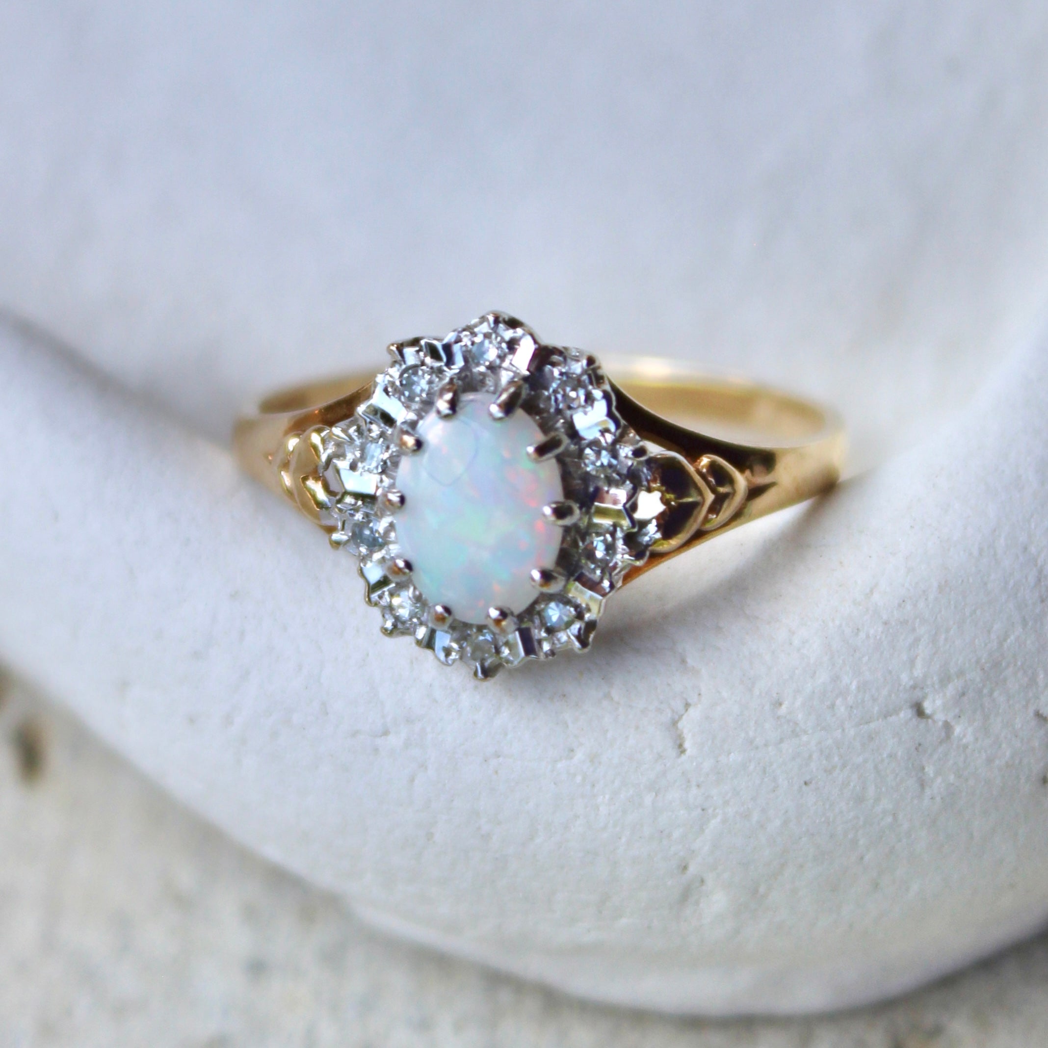 Vivian Grace Vintage Ring Vintage 9k Gold Opal and Diamond Halo Ring- (circa 1980)