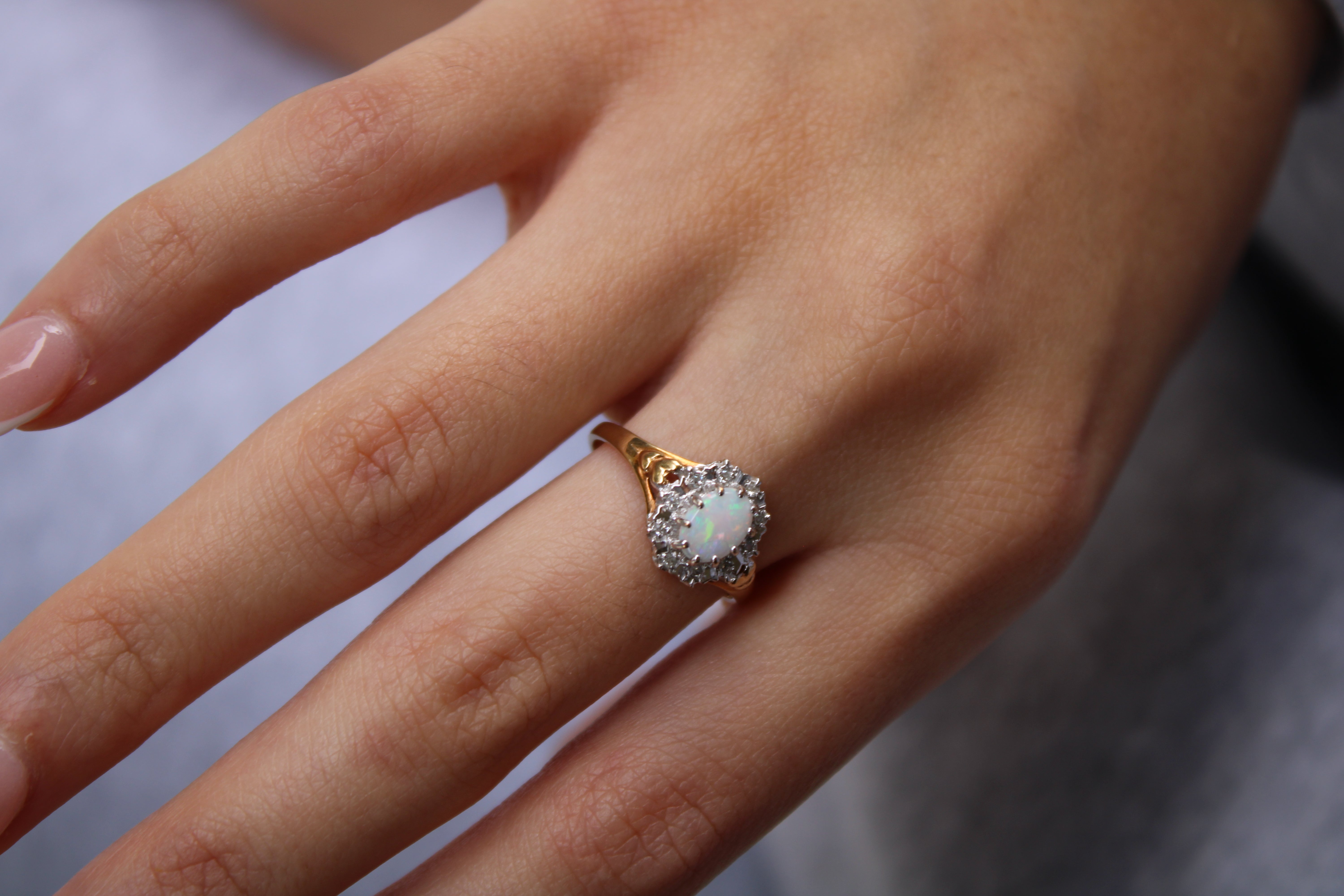 Vivian Grace Vintage Ring Vintage 9k Gold Opal and Diamond Halo Ring- (circa 1980)