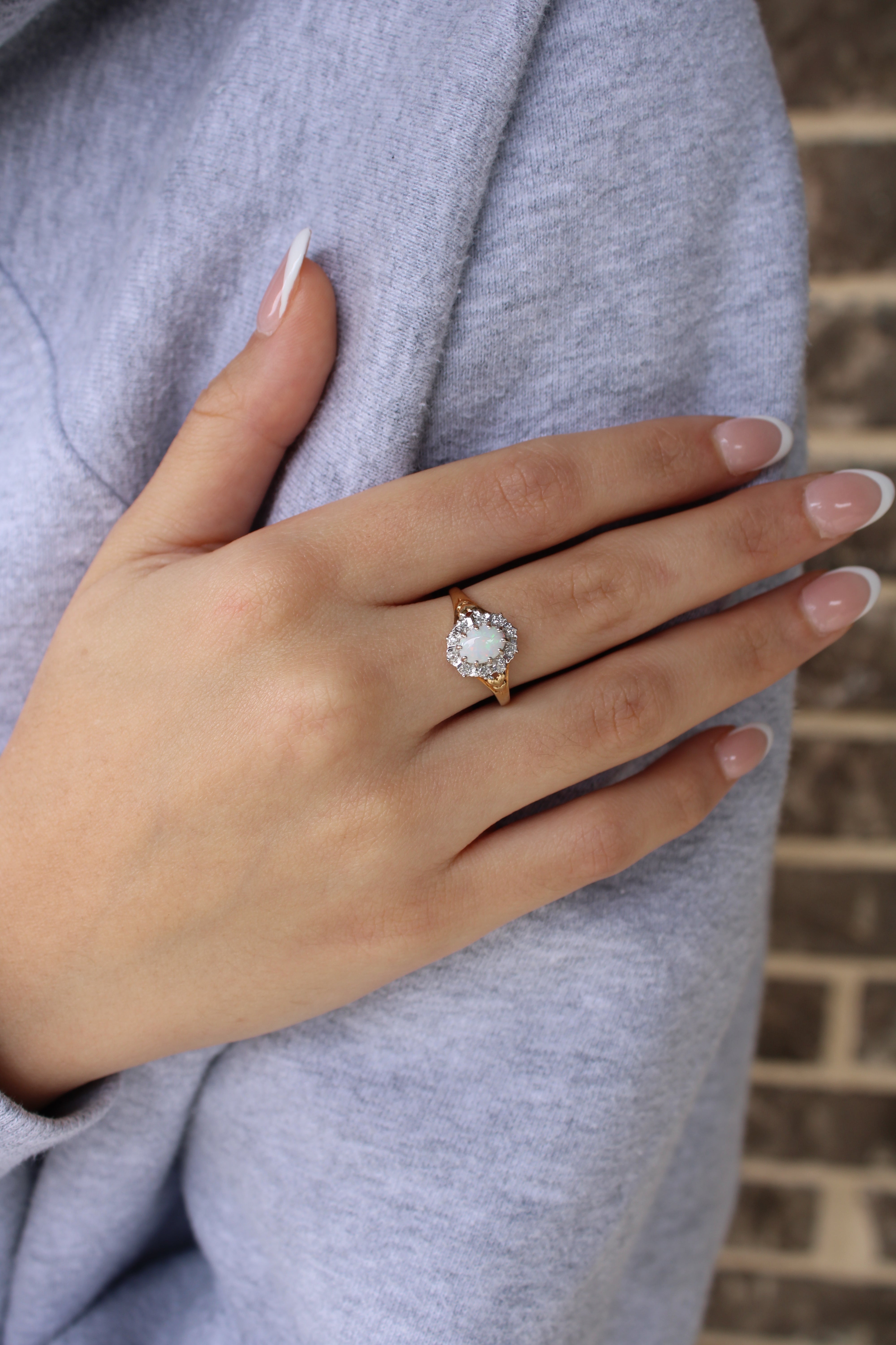 Vivian Grace Vintage Ring Vintage 9k Gold Opal and Diamond Halo Ring- (circa 1980)