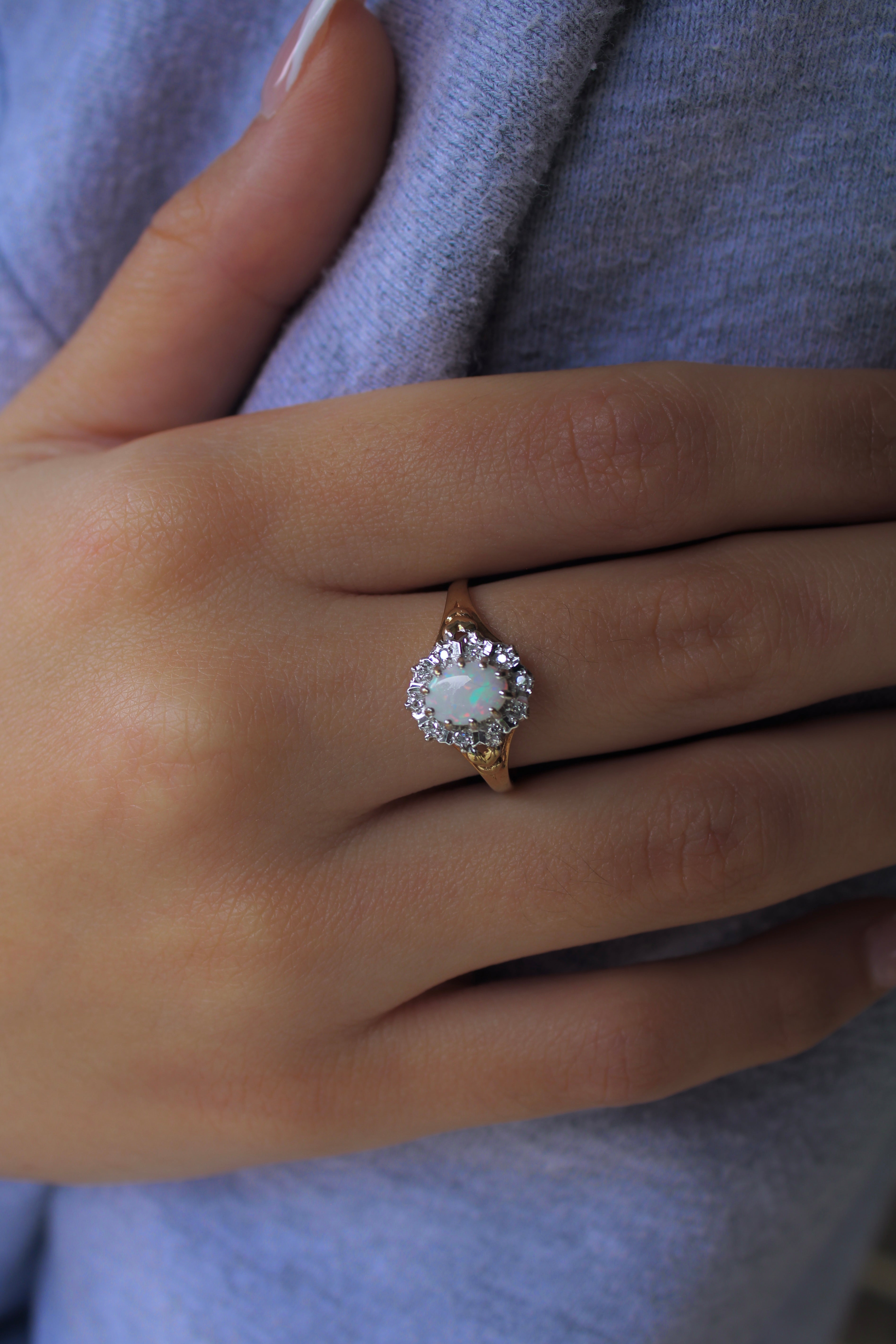 Vivian Grace Vintage Ring Vintage 9k Gold Opal and Diamond Halo Ring- (circa 1980)
