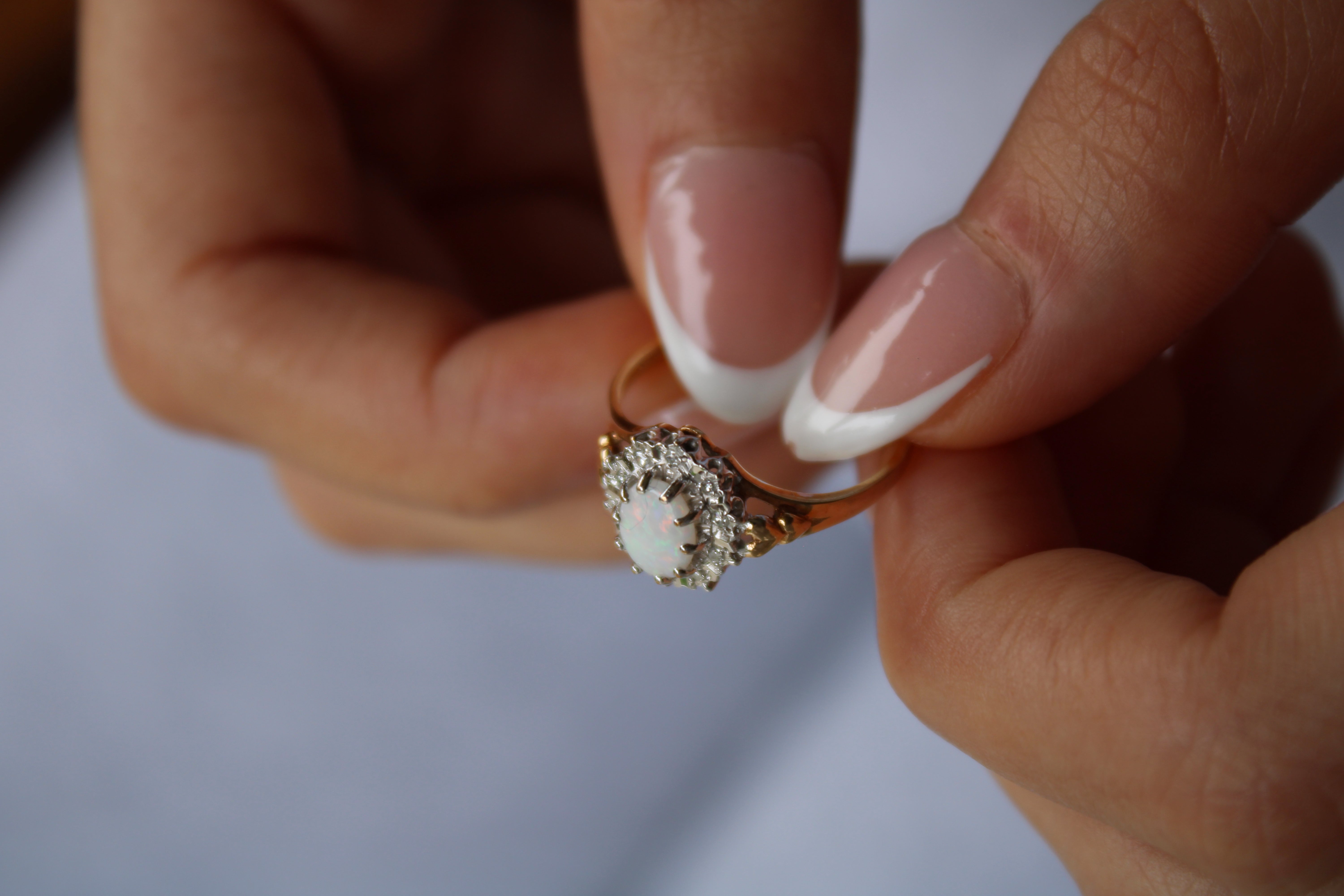 Vivian Grace Vintage Ring Vintage 9k Gold Opal and Diamond Halo Ring- (circa 1980)