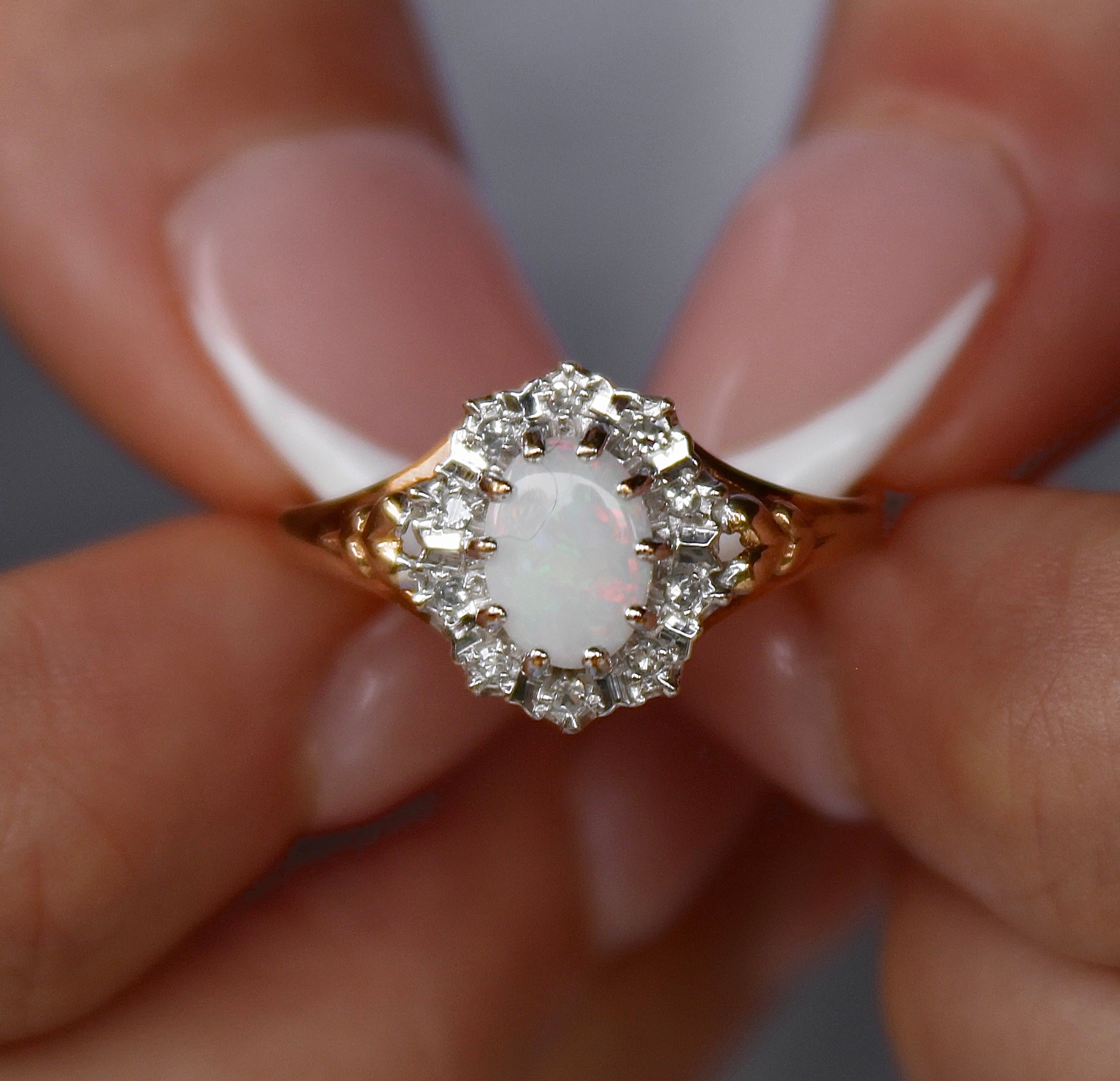 Vivian Grace Vintage Ring Vintage 9k Gold Opal and Diamond Halo Ring- (circa 1980)