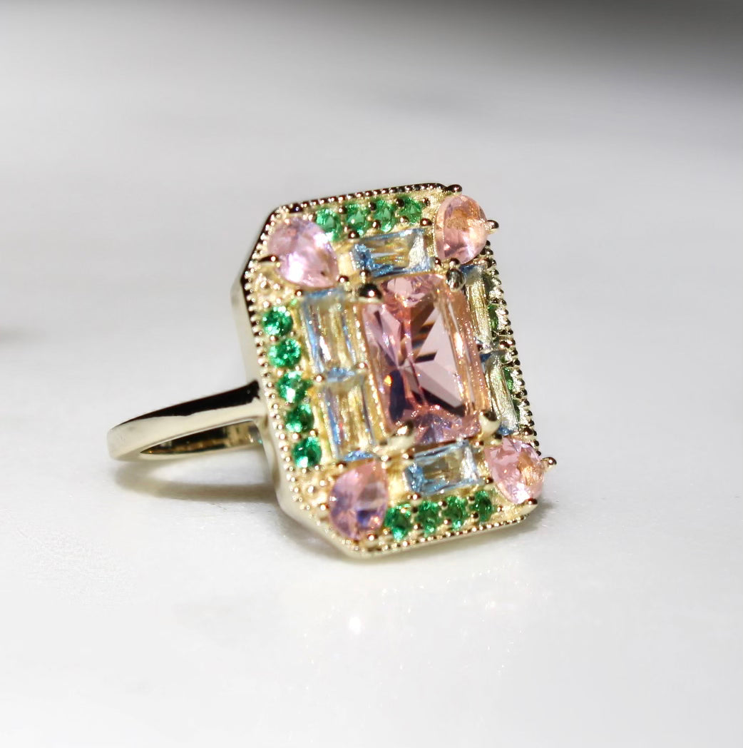 Emerald Morganite Art Deco Cocktail Ring -Lab Created Gemstones