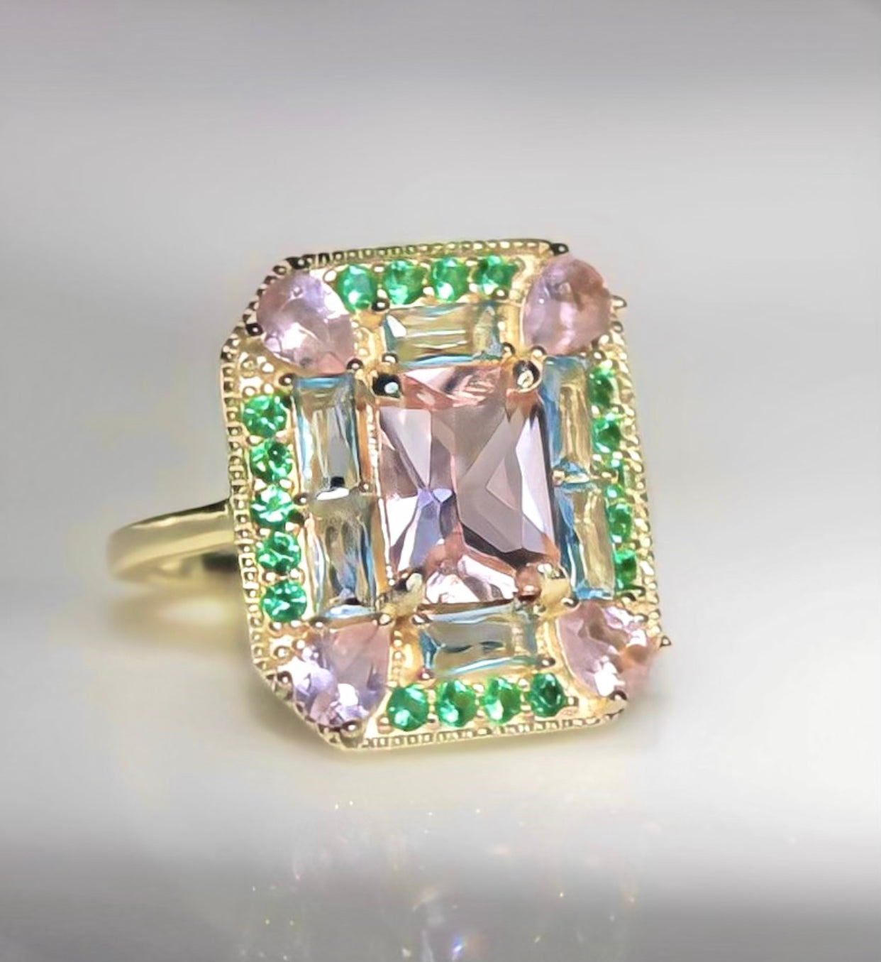 Emerald Morganite Art Deco Cocktail Ring -Lab Created Gemstones