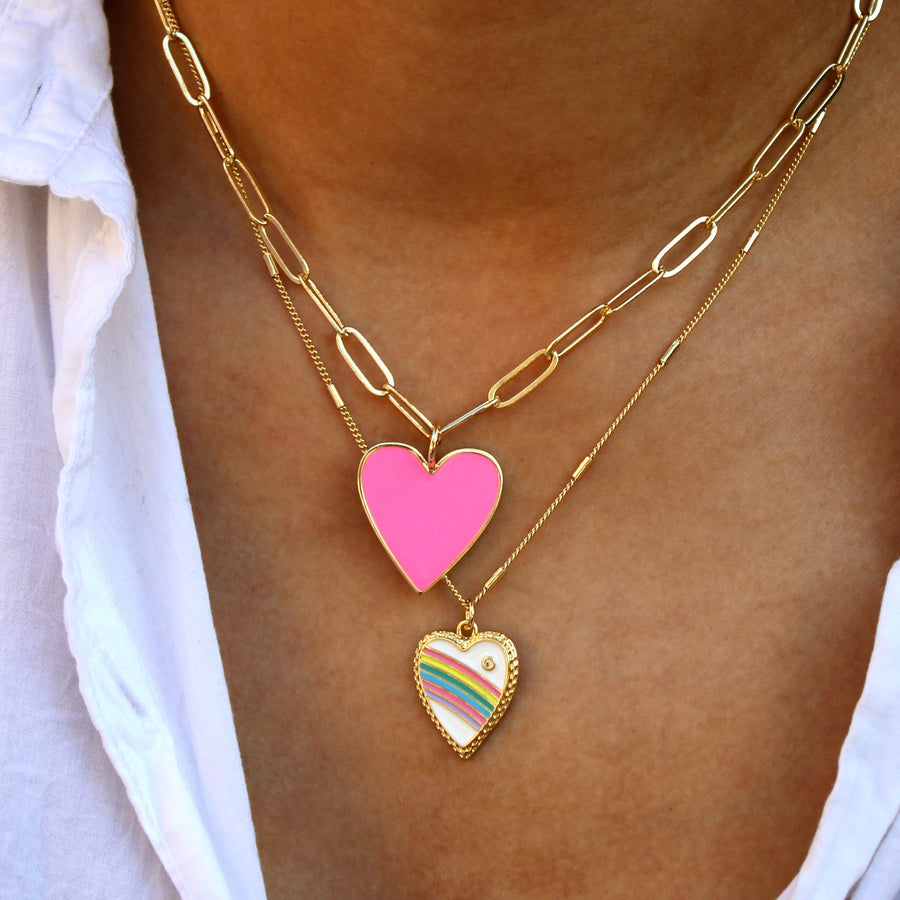 Love Heart Enamel Pendant Necklace in Pink & Red